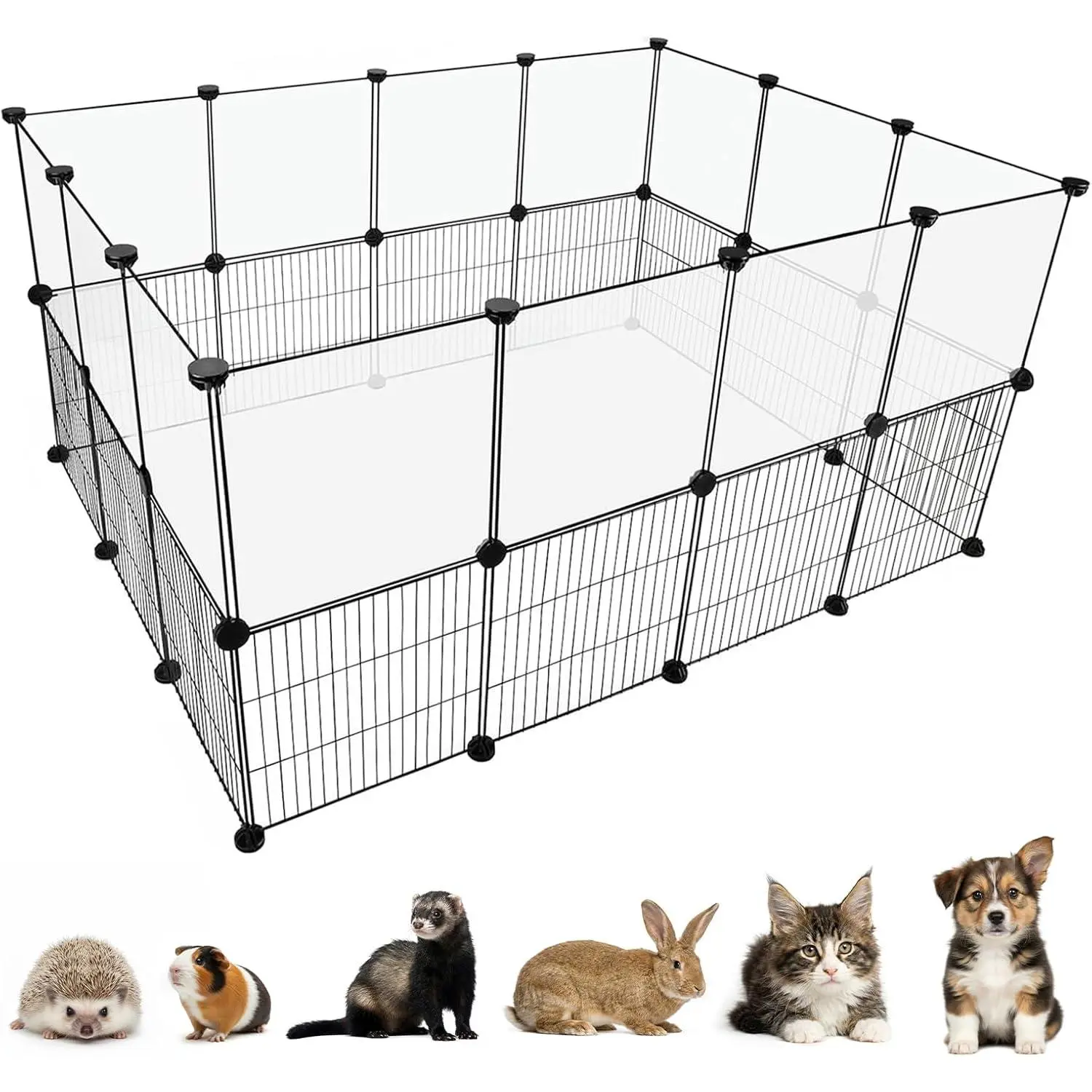 Transparent Clear & Wire Small Animal Indoor Playpen, 28 11.8" Panels DIY Expandable Plastic Enclosure Pet Fence for Guinea Pigs, Bunny, Hedgehogs, Puppies & Kittens