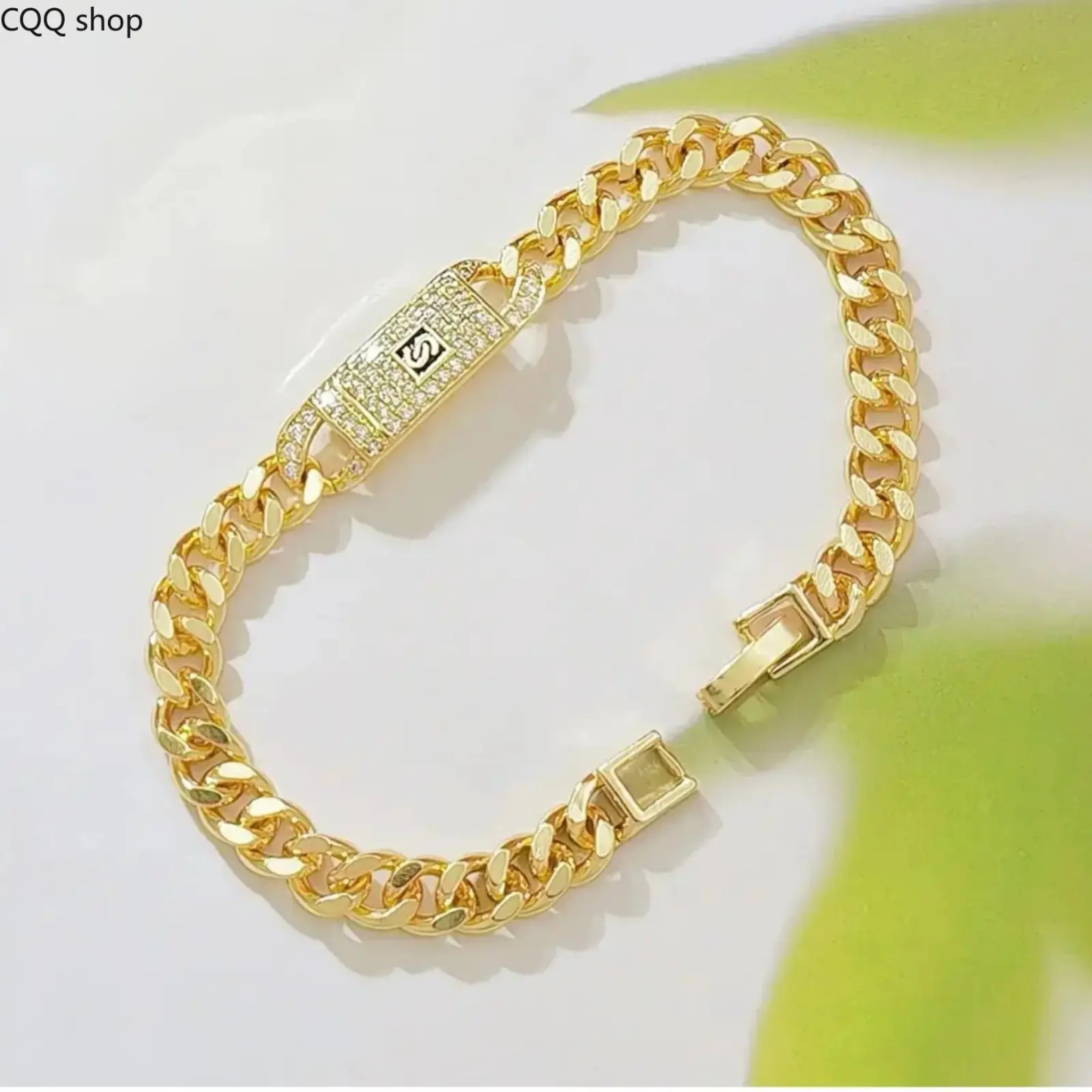 18K Gold Plated Cuban Link Bracelet for Women, Pave Crystal Rhinestone Rectangle Tag Curb Chain Bracelet, Luxury Fashion Wrist Jewelry Gift