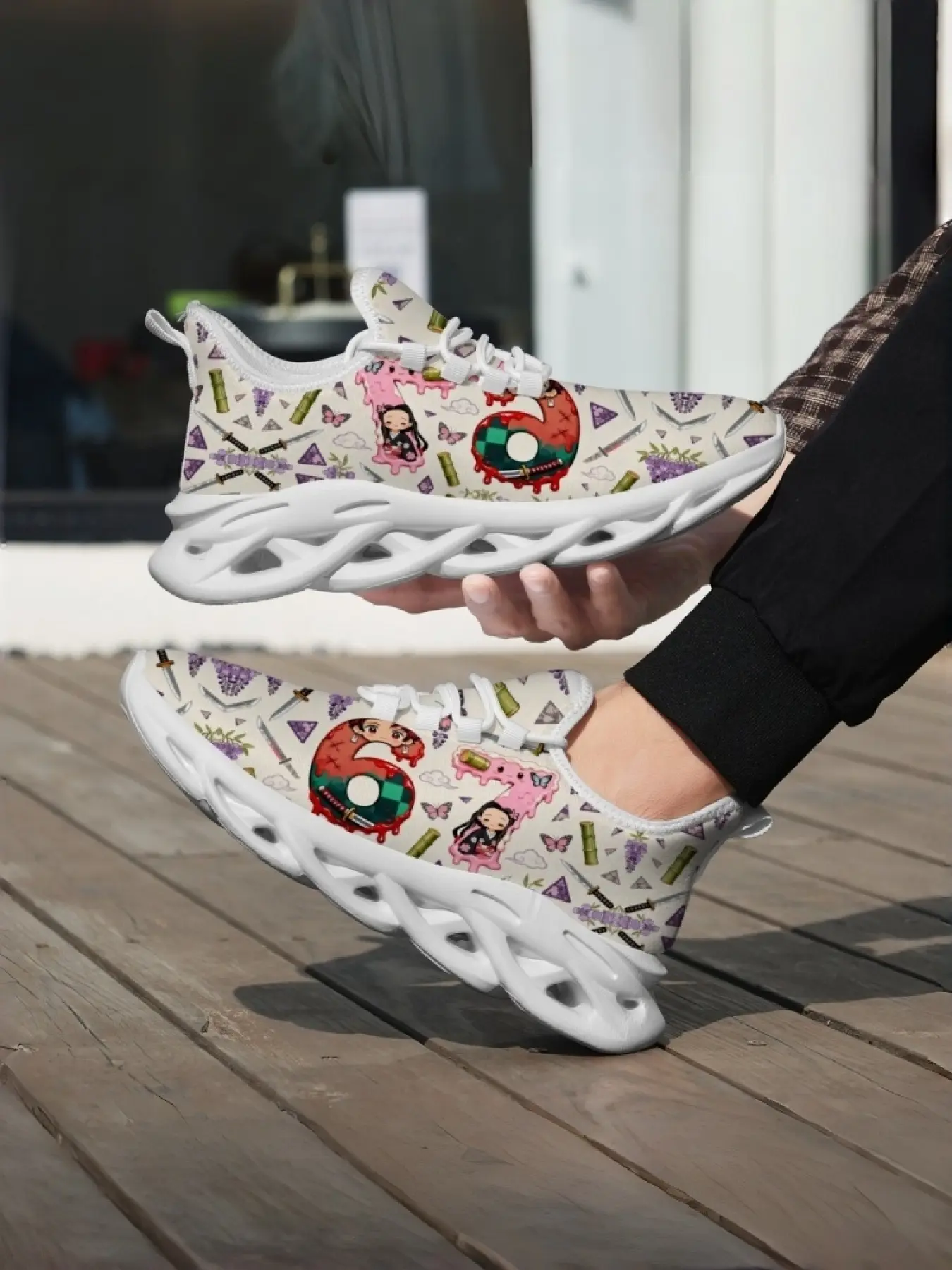 1 Pair Lace-up Men's Wave Sole Running Sneakers Off-white Base Donut Shaped Number 67 Demon Slayer Nezuko Katana Grape Bamboo Anime Print Street Sport Shoes For Men Daily Walking Demon Slayer Fan Jogging Training Wear-resistant Elastic Laces Breatha