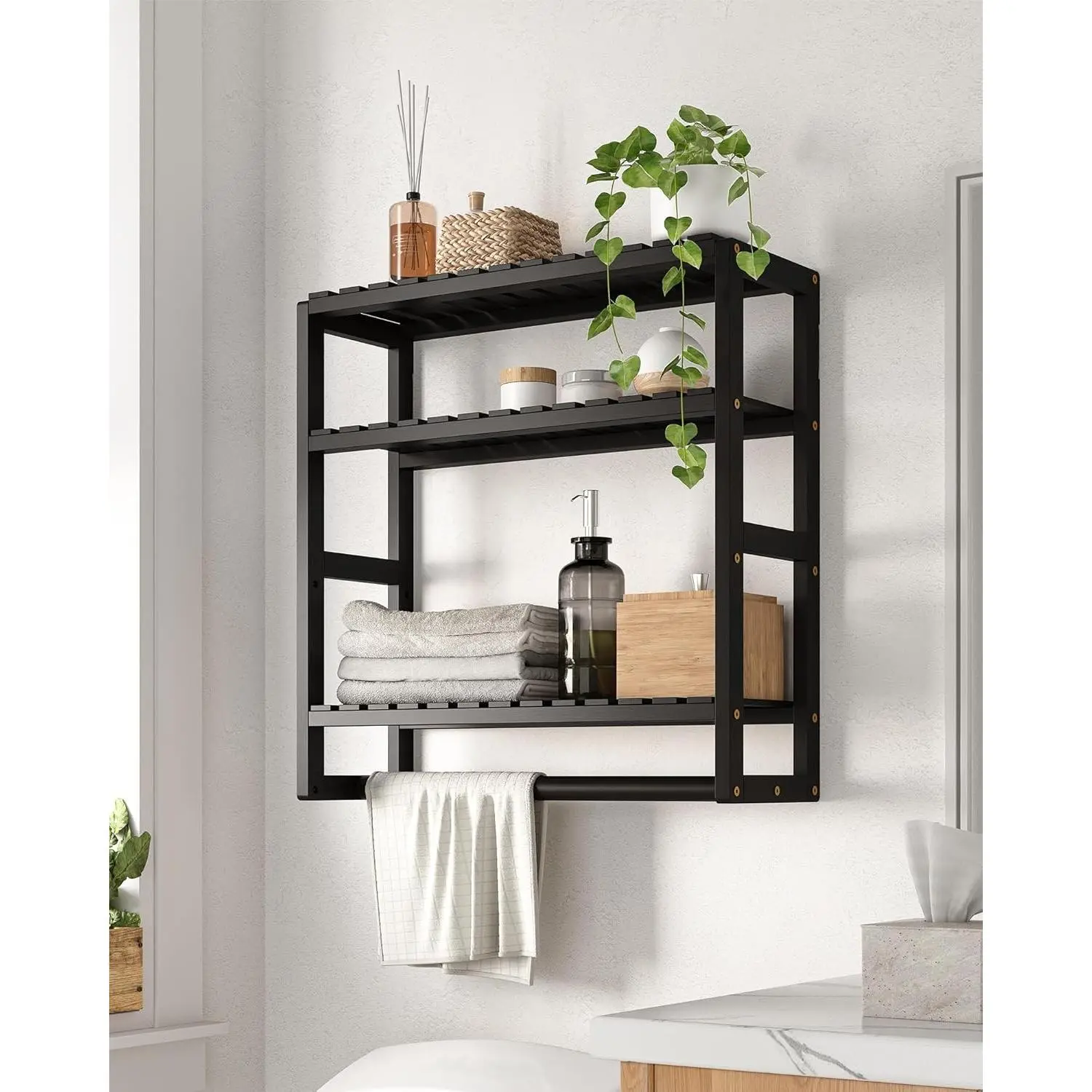 Galood Multi-Tiered Bamboo Wall Mount Corner Bathroom Storage Shelf, Space-Saver Organizer with Hanging Rod for Towels, Toilet Paper