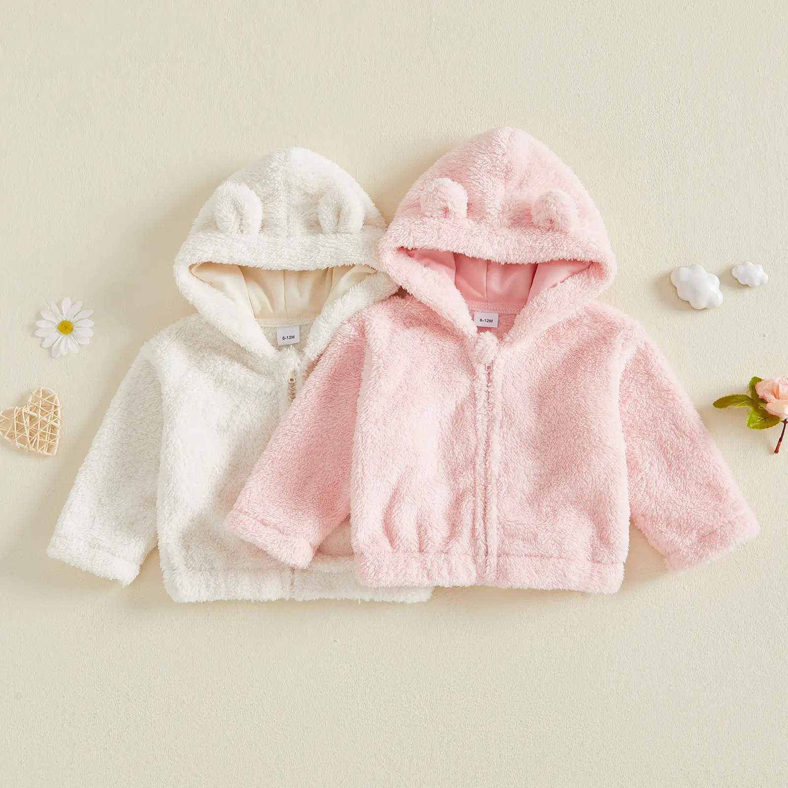 Babamoon Warm Fleece Zip-Up Jackets for Baby Girls, Toddler Infant Hooded Coats with Ears, Winter Fuzzy Outwear (6M-4T)