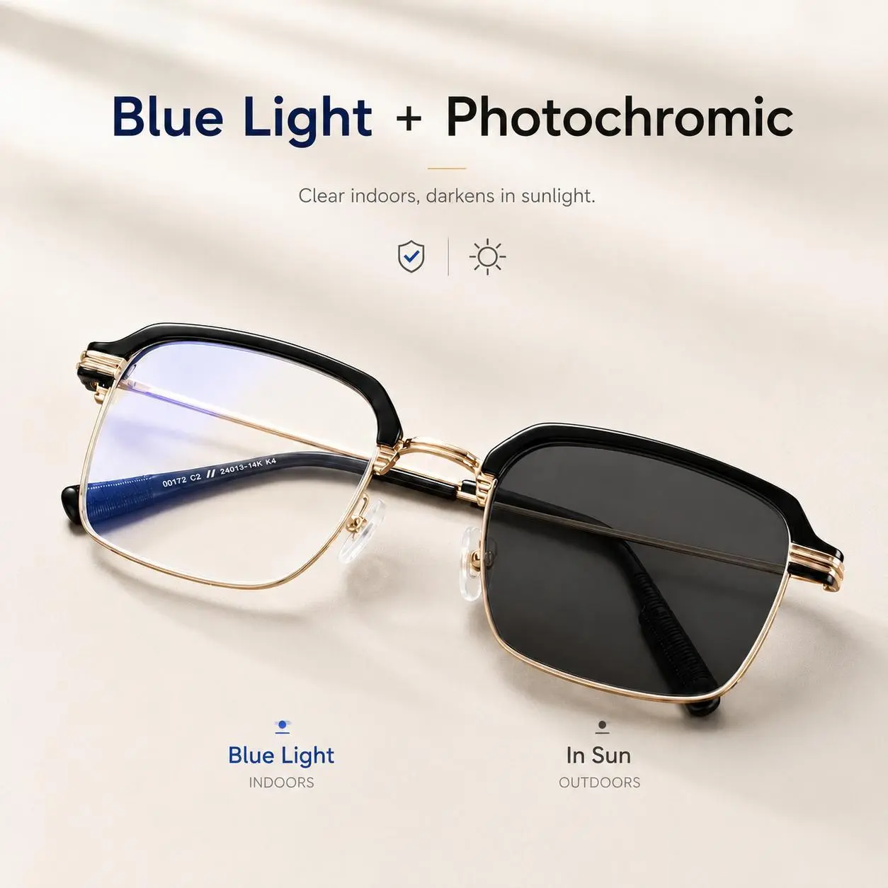 Unisex Tinted Fixed +1.00D Skin-Friendly Non-Prescription Photochromic Reading Glasses, Blue Light Filtering, Lightweight Black-Gold Frame for Close-Up Reading, Phone Use