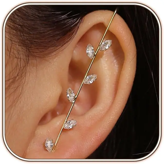 Women's Vintage Metal Hook Earrings - Crystal CZ, Star-Shape Lightning Bolt, Long Exaggerated Crawler Ear Cuff (Gold, Silver), 1 Pair