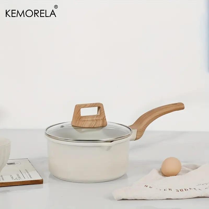 1Count Non-Stick Saucepan Set with Lid - Induction Compatible, PFOA-Free, Easy to Clean, Pour Spout, Light Beige with Wooden Handles, Ideal for Small Kitchen Cooking, Kitchen Essentials|Minimalist Kitchenware|Durable Cookware, Induction Cookware Sets