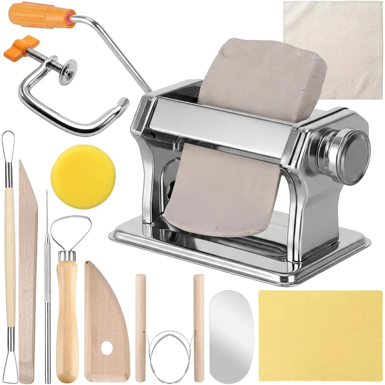 11 Pcs Polymer Clay Roller Machine Set, Stainless Steel Clay Press Machine with 6 Thickness Settings, Handbuilding Kit with Sculpting Tools Silicone Mat and Canvas Cloth for DIY Crafts