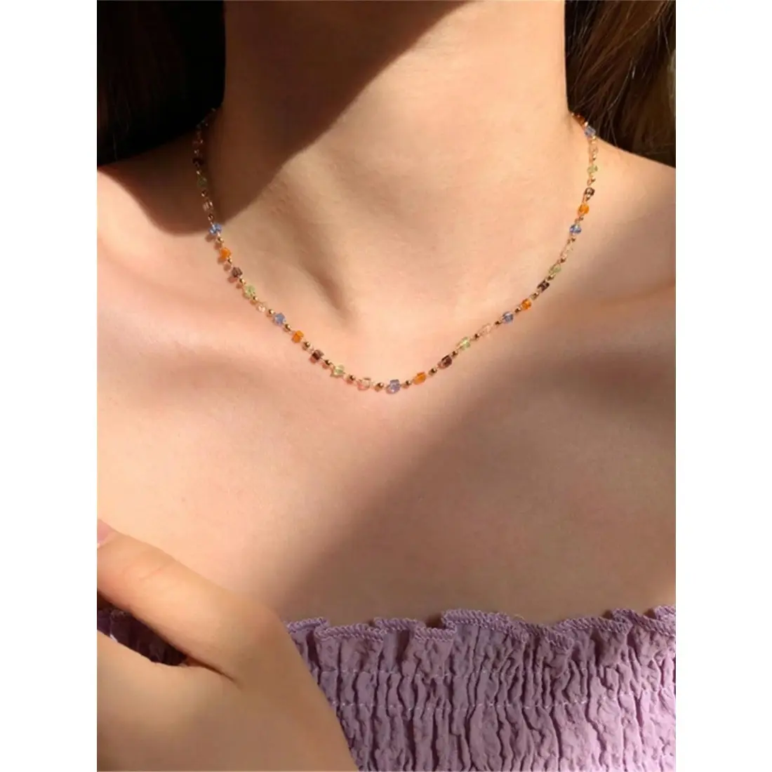 Women's Multicolor Short Beaded Chains Necklace - High-Quality Stainless Steel-Copper Chain, Vibrant Plastic Stone Beads, Elegant Neckline Jewelry for Birthday, Holiday, Casual Outfits, One-Size Clothes Accessory