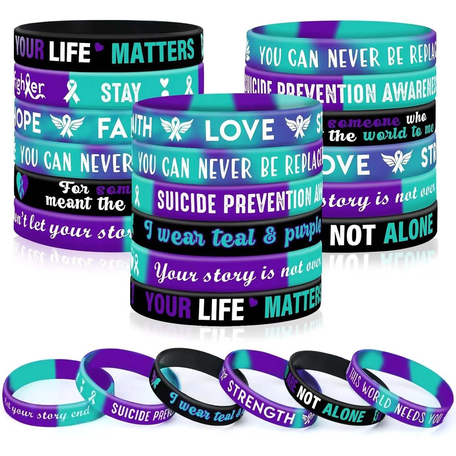 42pcs Suicide Prevention Awareness Silicone Bracelets, Purple Teal Ribbon Inspirational Motivational Wristbands for Charity Campaign Favor SuppliesGift