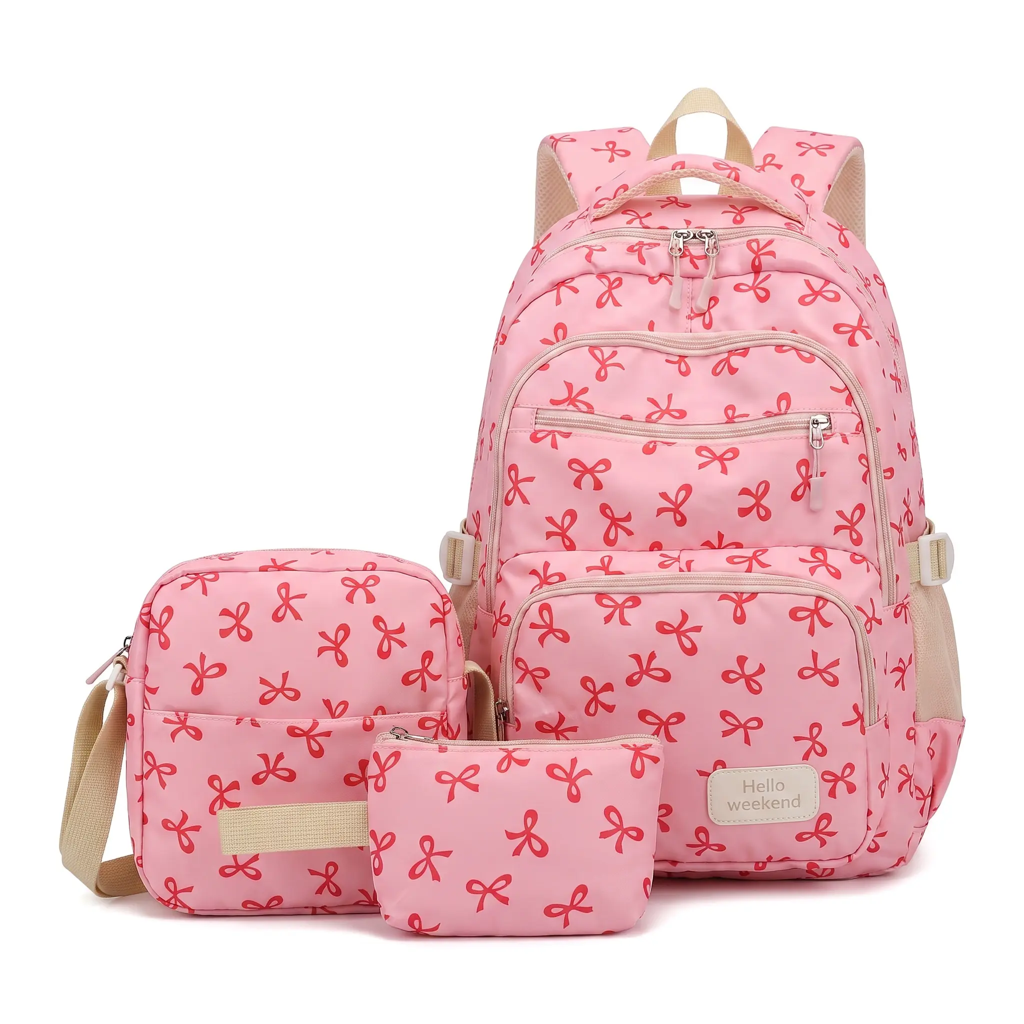 Fresh Sweet Backpack Set For College Girls Large Capacity Casual Travel Nylon Wear Resistant Bow Stitching Zipper Closure Three Piece Bag