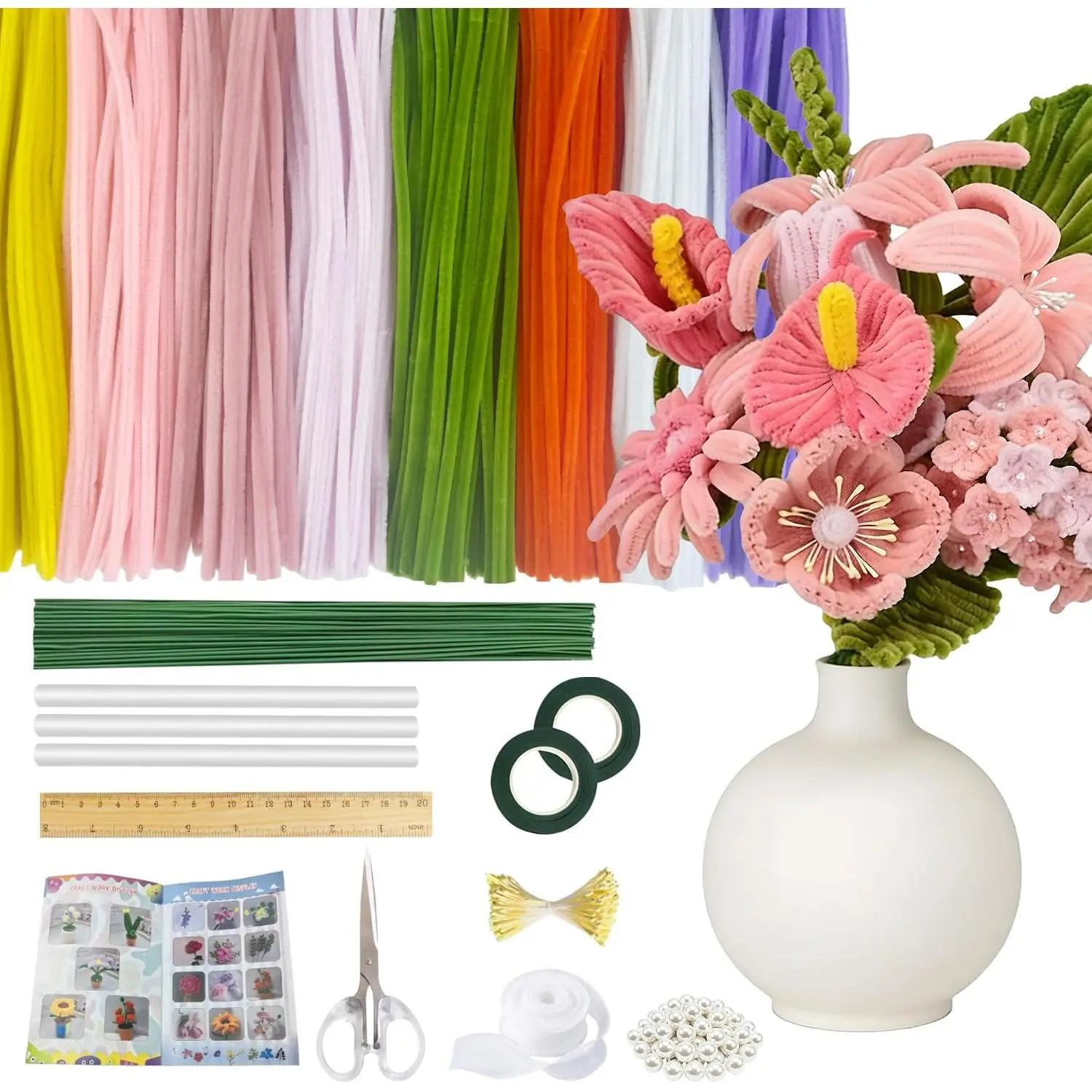 800 count Pipe Cleaners Craft with Handle, Pipe Cleaner Flower Kit, 8 Colors  Making Kit with Chenille Stems, Floral Wires, Gardening Tape, Stamen, Ruler, Floral Wrapping Paper & Ribbon