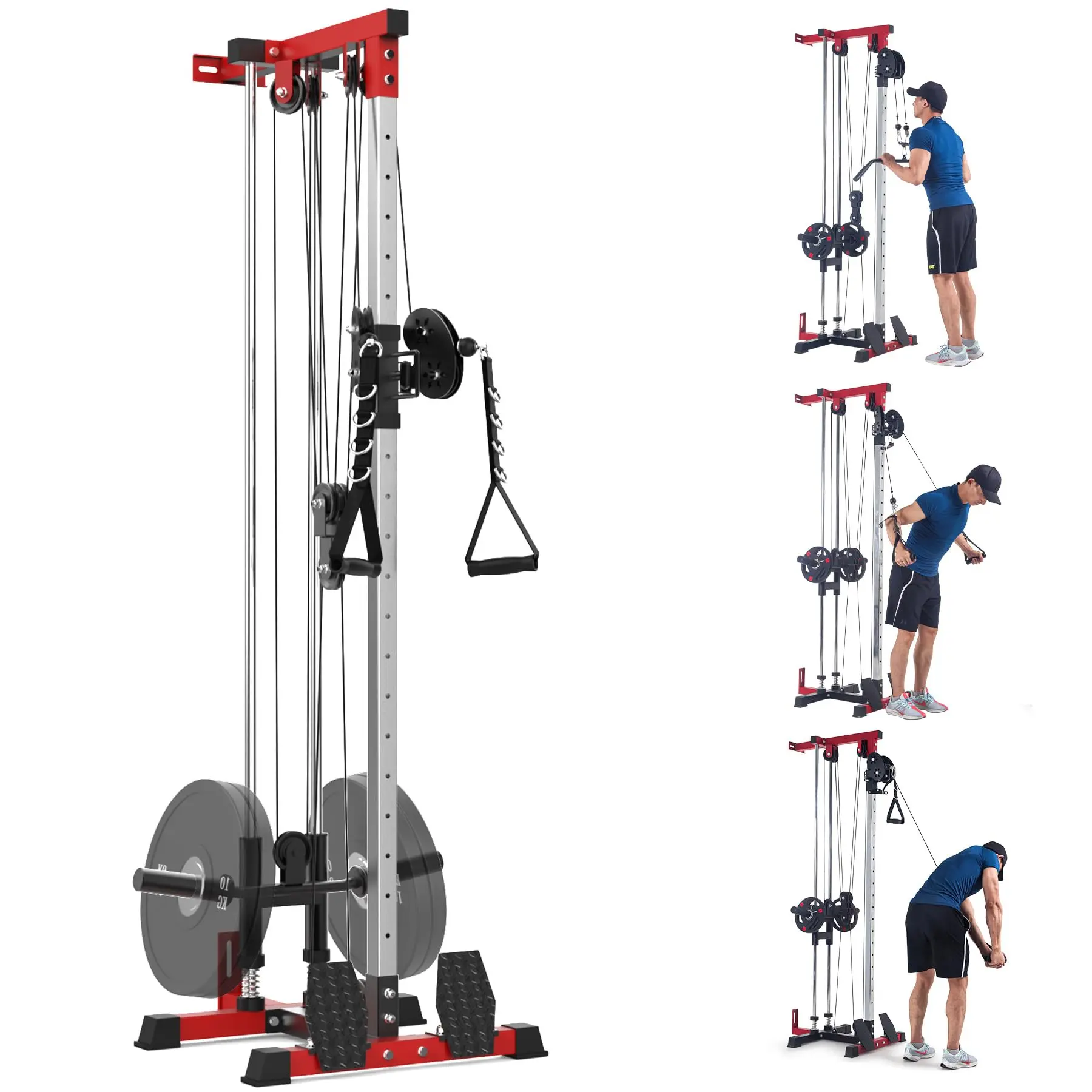 GARVEE Unisex Wall-Mounted Cable Station - Home Gym Equipment, Functional Lat Pulldown Machine with 20-Position Adjustable Pulley, Gym Accessories High & Low Cable Crossover (Black, Red), Pulley System, 20 Positions