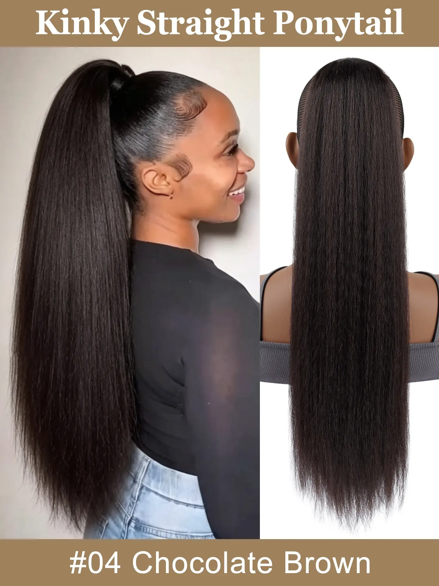 22inch Long Straight Drawstring Ponytail for Women, Synthetic Thick Kinky Straight Hairpiece, Daily Use Extension