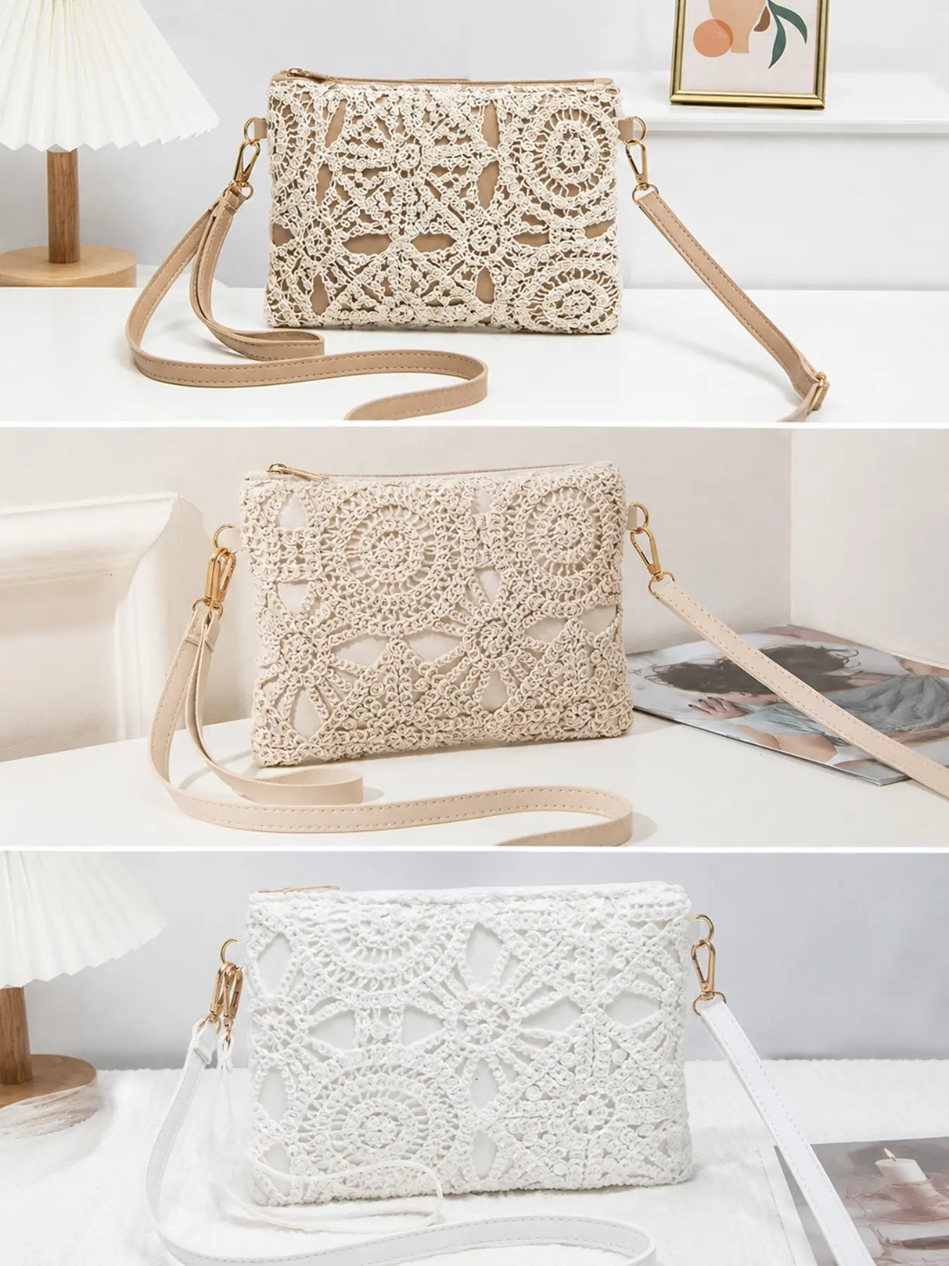 Vintage Crochet Lace Crossbody Bag | Boho Summer Shoulder Purse | Handmade Floral Woven Bag for Beach Vacation