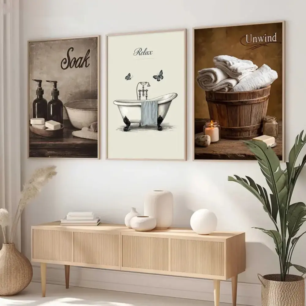 3 Pieces Vintage Bathroom Bathtub Toiletries Art, Canvas Wall Mural, Print, Nostalgic Life Home Art, Pastoral Gallery Decor, Warm Tone Painting, Wall Decor for Bathroom and Restroom, Framed or Unframed.