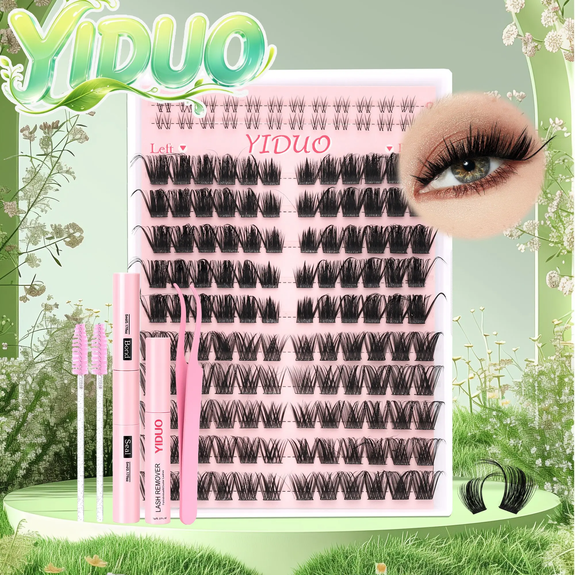 YIDUO  Fox Eye Lash Kit – Spike & Wispy Left/Right Clusters, C-Curl  Includes Bond, Seal, Remover & Tweezers – Pointed Wispy Volume, Corner Lift Up, Low-Effort High-Reward Glam in Just 5 Mins! Lashes Cluster