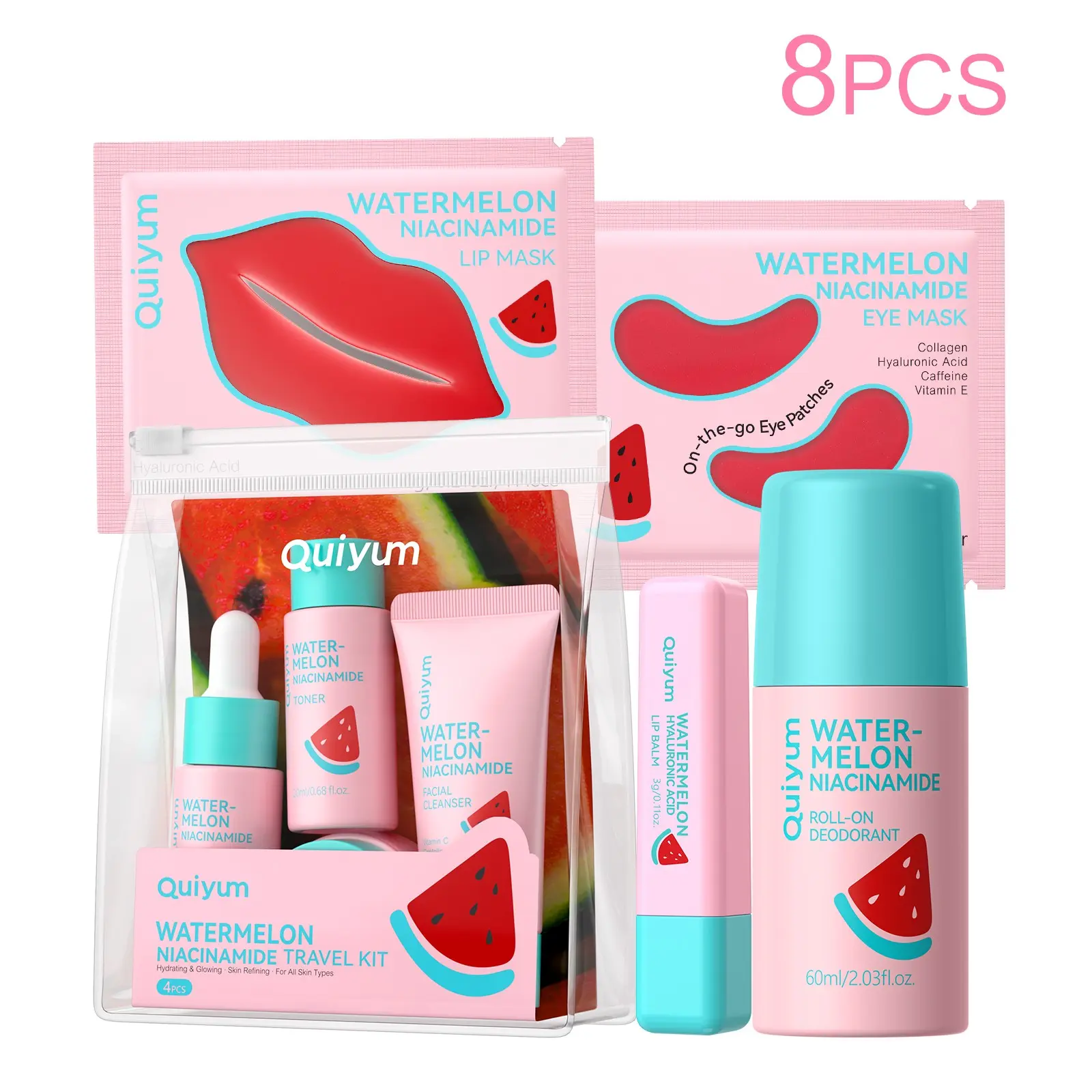 QUIYUM Watermelon Skincare Travel Kit, Skin Care Kits, 8-Piece Niacinamide & Hyaluronic Acid Face Care Set for Women Girls, with Facial Cleanser, Toner, Serum, Lip Mask & Eye Mask, Summer Vacation Essentials Pamper Kit for Teens Students
