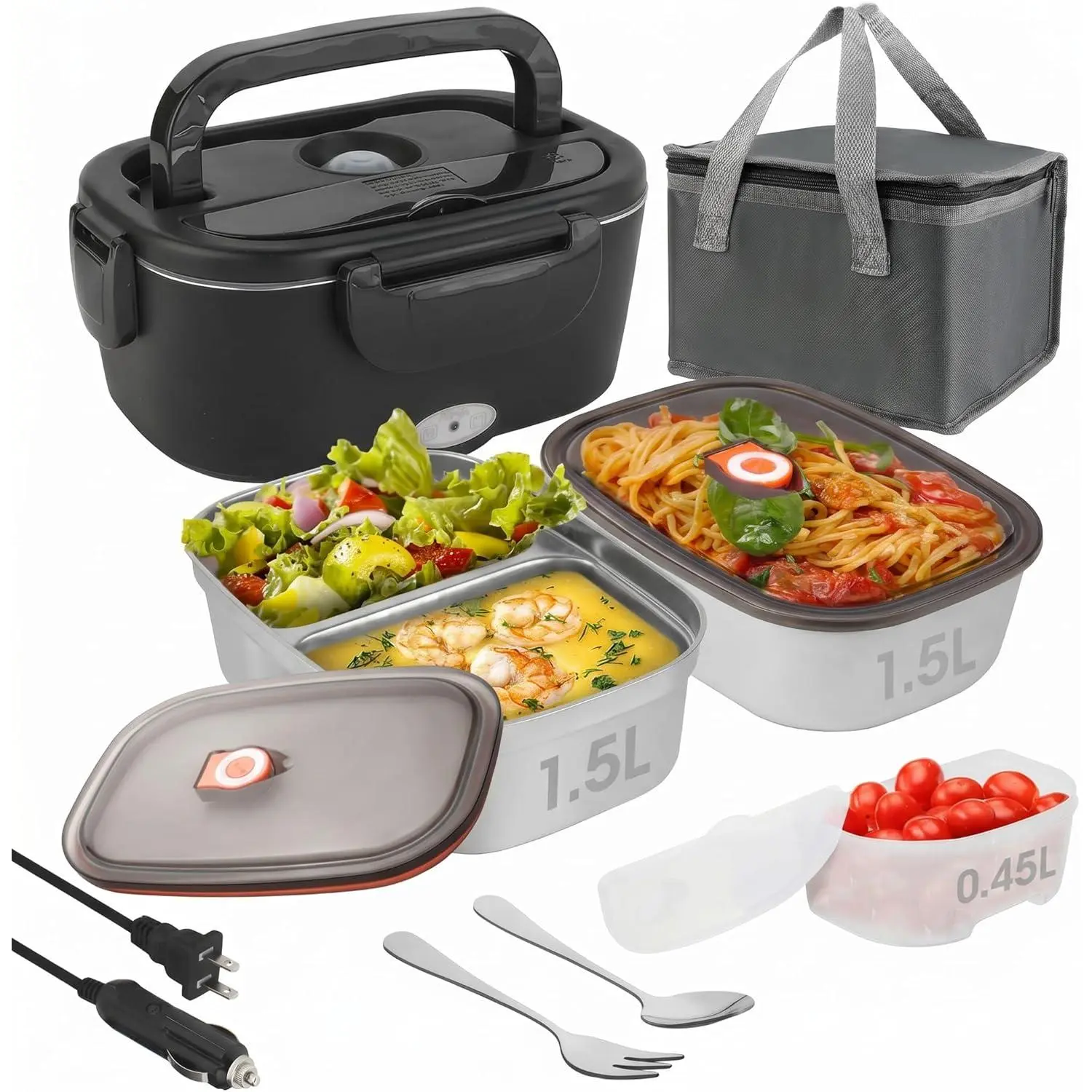Electric Lunch Box, 80W Fast Heated Lunchbox for Adults, Dual 1.5L 304 Stainless Steel Portable Food Warmer for Car/Truck/Work, 12/24/110V Lonchera Eléctrica Portátil