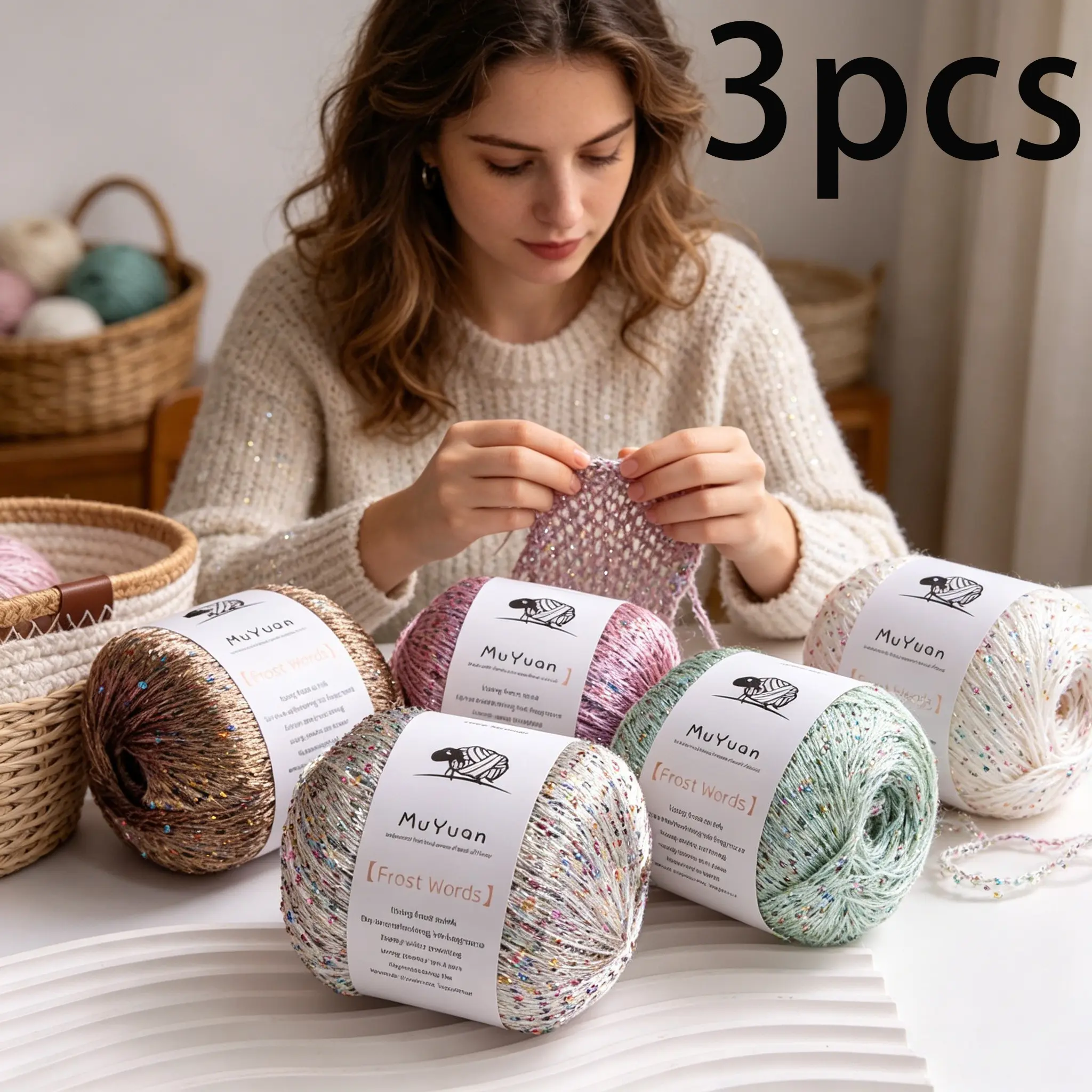 3pcs/150g Sequined Lace Yarn, 50g Per Roll, Multiple Colors, Ideal for Knitting & Crochet, Diy Knitting Supplies, Perfect for Sweaters, Scarves, Hats, Blankets, Shiny Knit