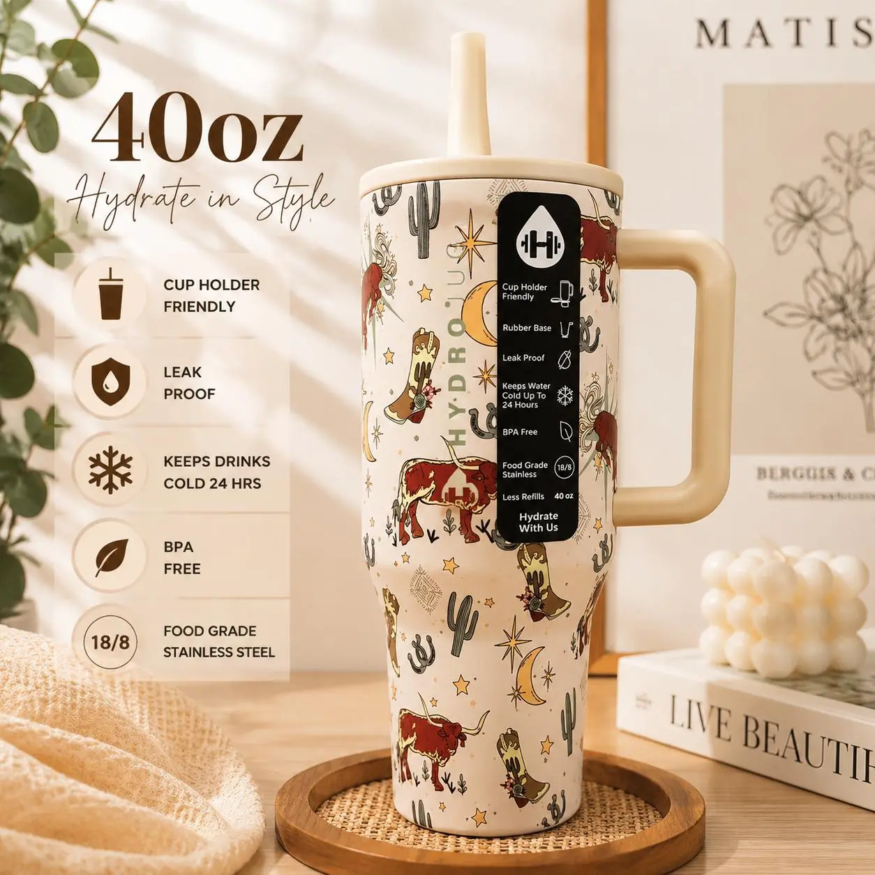 HydroJug 40oz Insulated Stainless Steel Tumbler Western Desert Longhorn Bull Cactus Print Cream Base Beige Handle Lid & Straw 18/8 Food Grade Steel Leak Proof Twist Lid Keeps Cold 24 Hours Cup Holder Friendly Non-Slip Rubber Base BPA Free Large Hydration,
