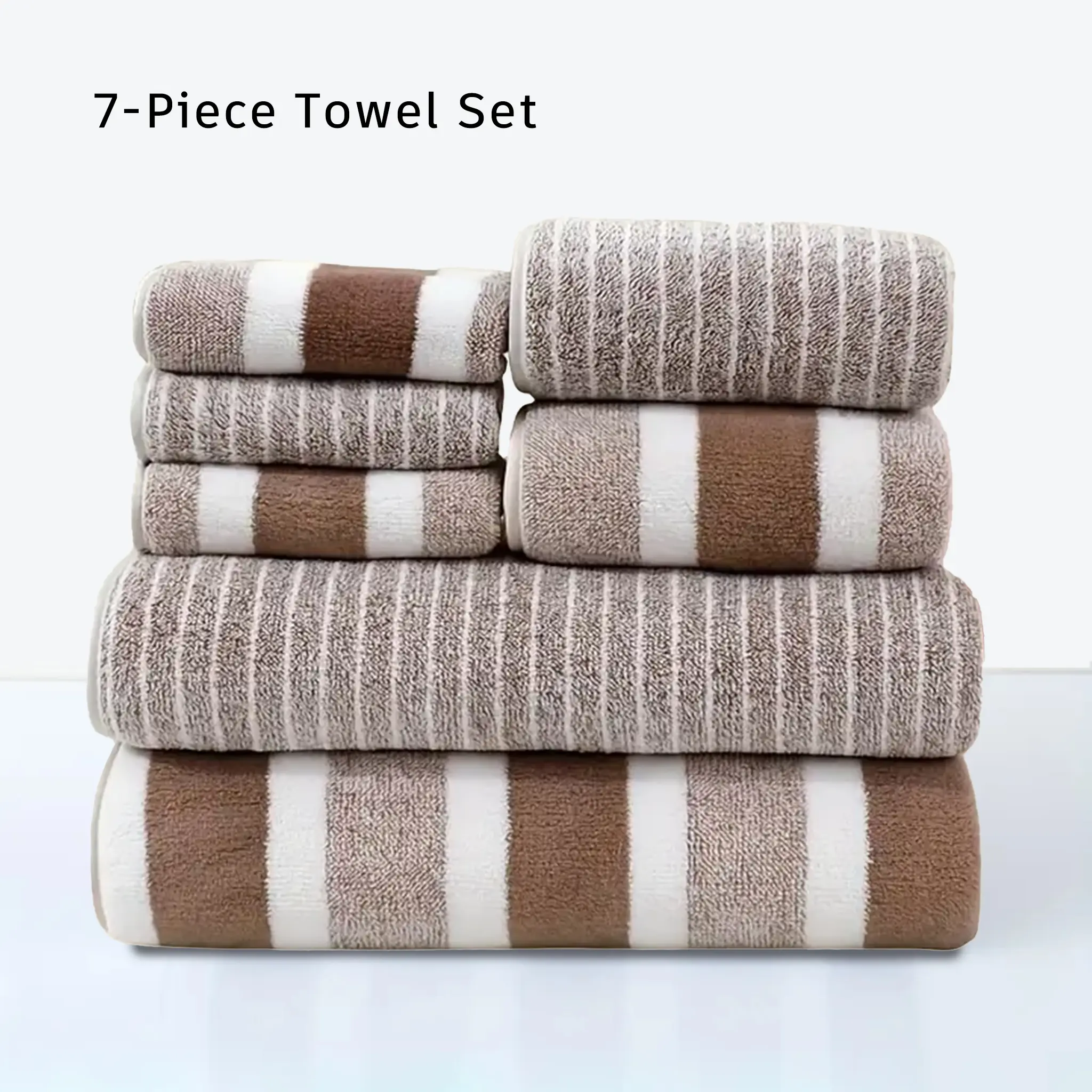 7-Piece Striped Coral Fleece Towel Set, Ultra Soft High Absorbency Quick-Dry, Bath Towels 70x140cm, Hand Towels 35x75cm, Face Cloths 30x30cm