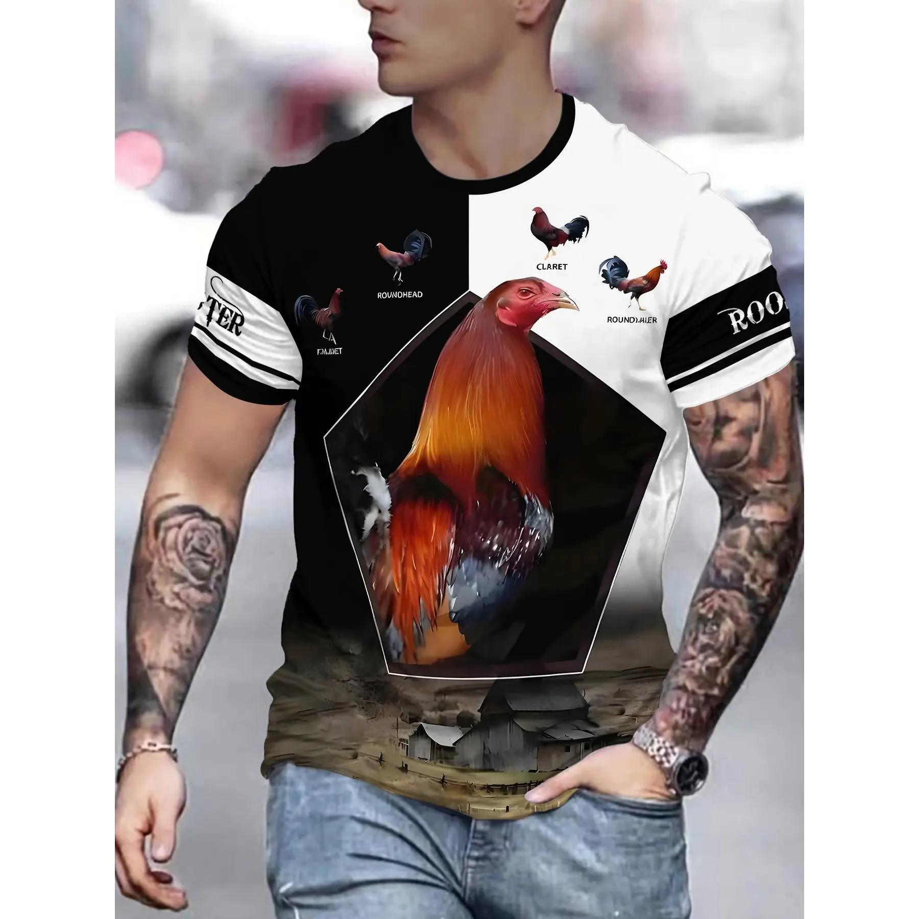 Men's Funny Black and White Contrast Rooster Print Short-Sleeve T-Shirt, All Over Printed Vintage Animal Style Casual Tee, Gift for Him
