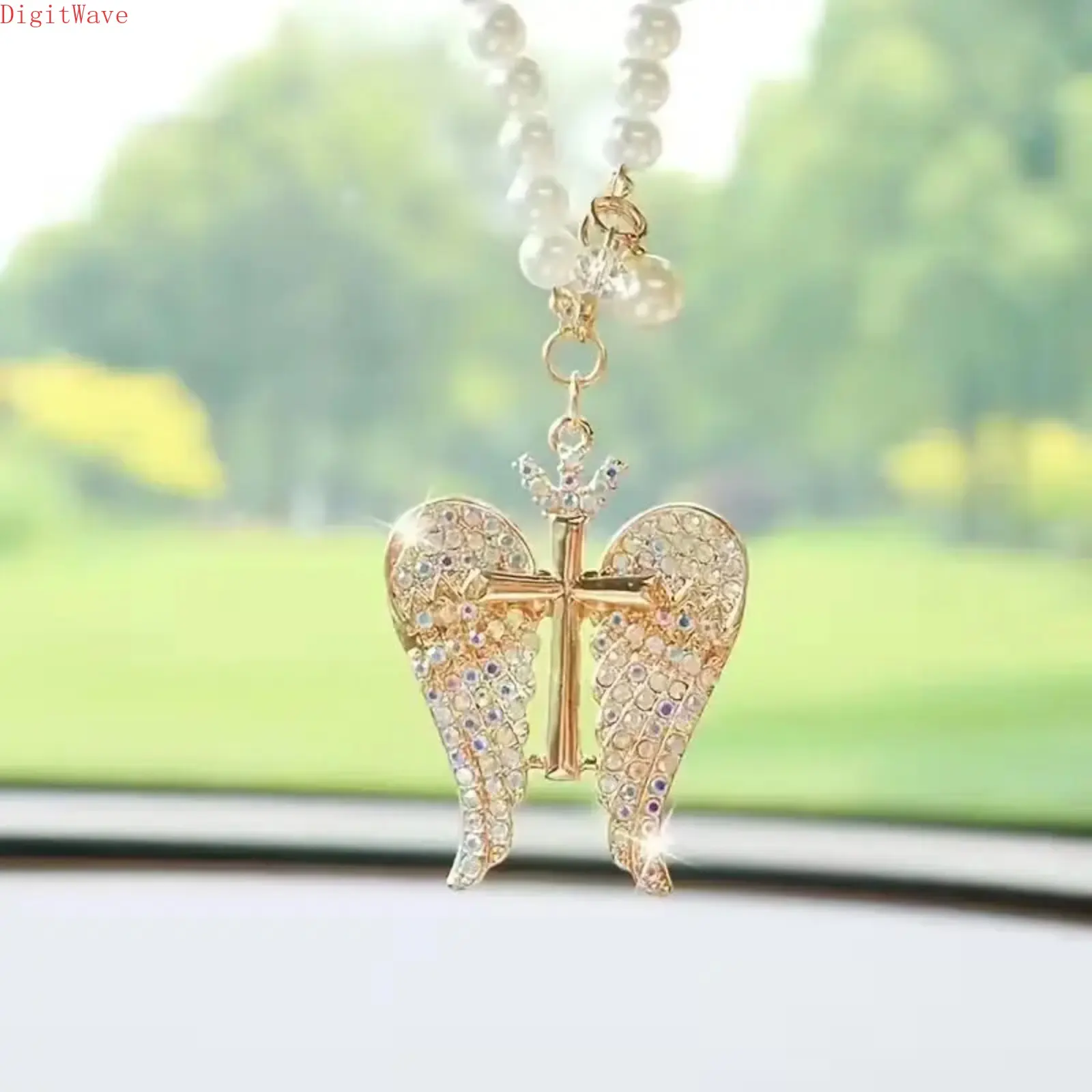 Golden Cross Angel Wings Rearview Mirror Car Pendant - Sparkling Christian Religious Charm, Exquisite Craft Car Accessories, Ideal Gift for Women for Birthday, Wedding Occasions