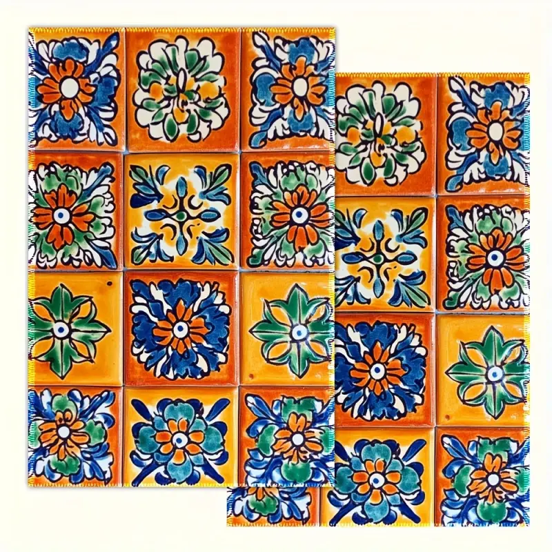 2PCS Vintage Talavera Mexican Tile Print Kitchen Towels Set, Polyester Fiber, Machine Washable, Resistant to Fading, Cartoon-themed Serving Cloths, Includes Decorative Tea Towels, Suitable for Cooking, Baking, Moving In, Christmas, Halloween, Easter,