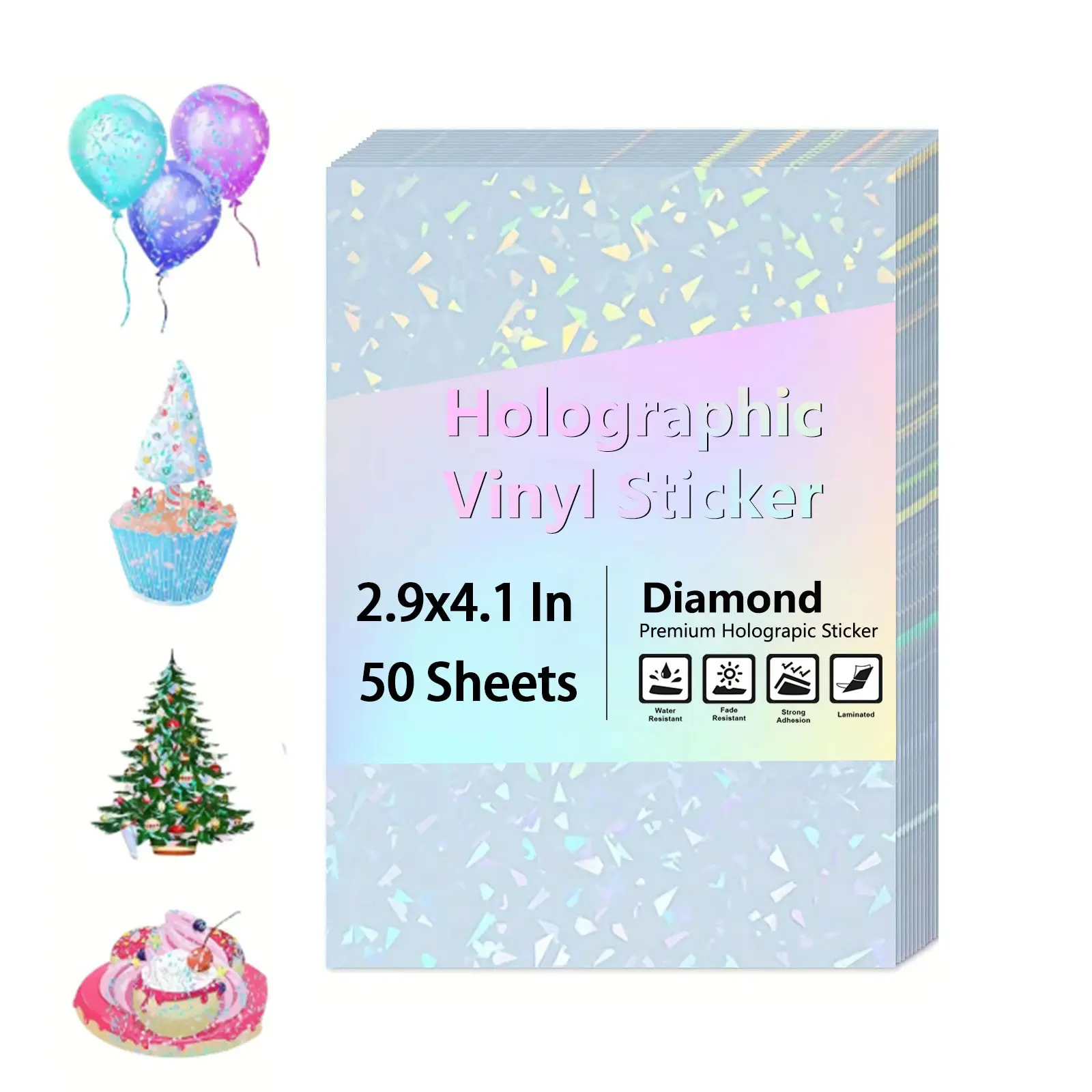 50 Sheets 7.4x10.5 cm Diamond Holographic Clear Vinyl Adhesive Film, Sparkling Stickers for Crafts, Scrapbooking, Party Decorations, Office Supplies