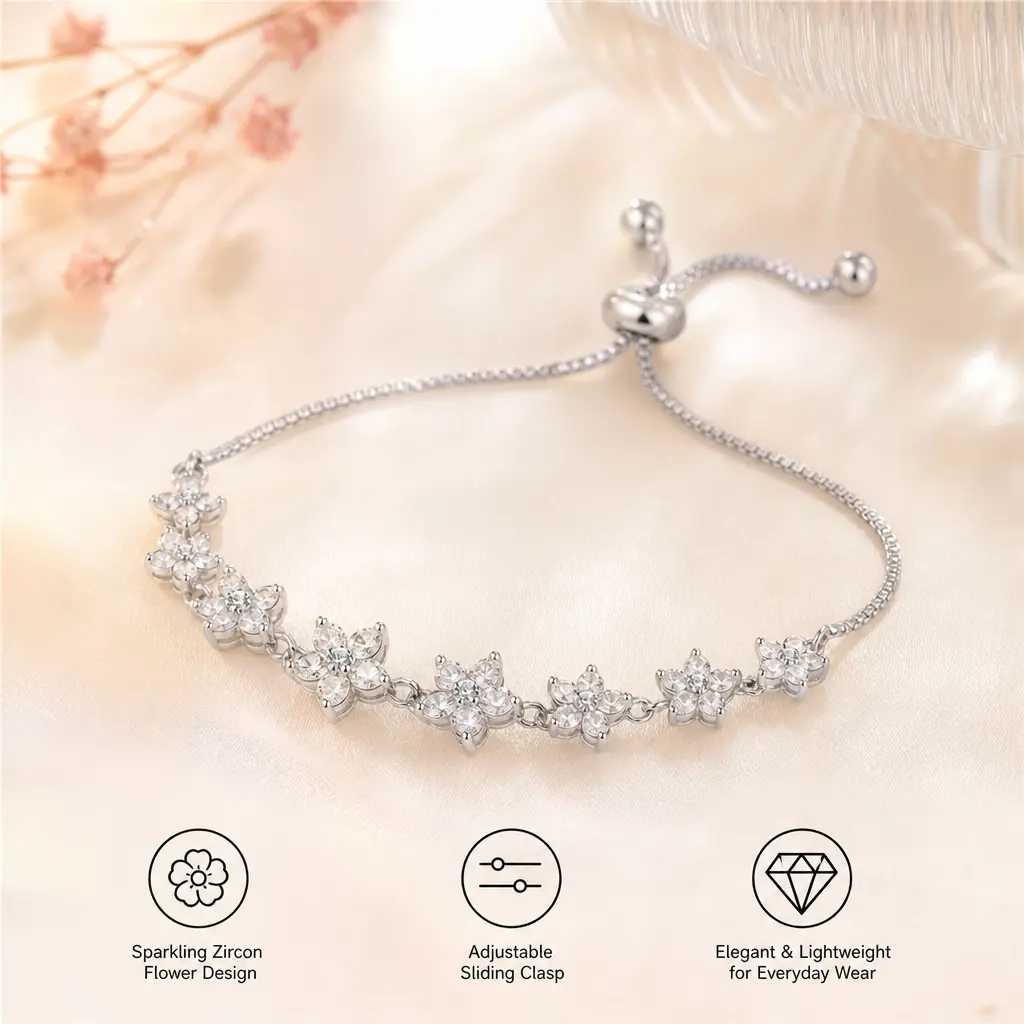 Elegant Adjustable Zircon Flower Bracelet for Women, Casual Style Accessory, Perfect for Daily Wear, Holiday Gifts, Elegant Jewelry Bracelet