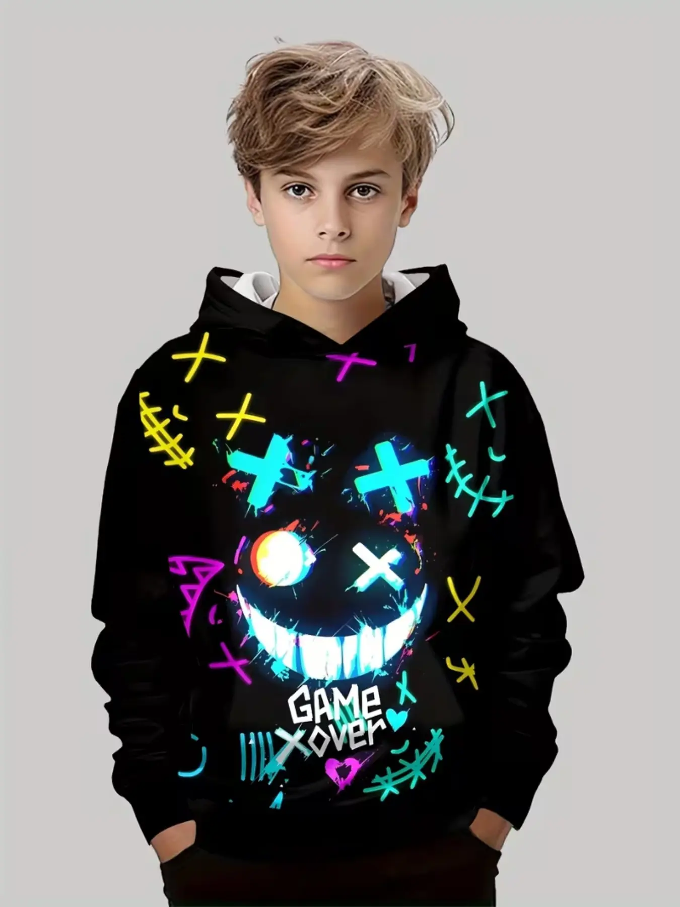 Street Style Gaming Theme Kids Sweatshirt, Devil Smile Print Boy Pullover Top, Casual Loose-Fit Hoodie for Fall & Winter