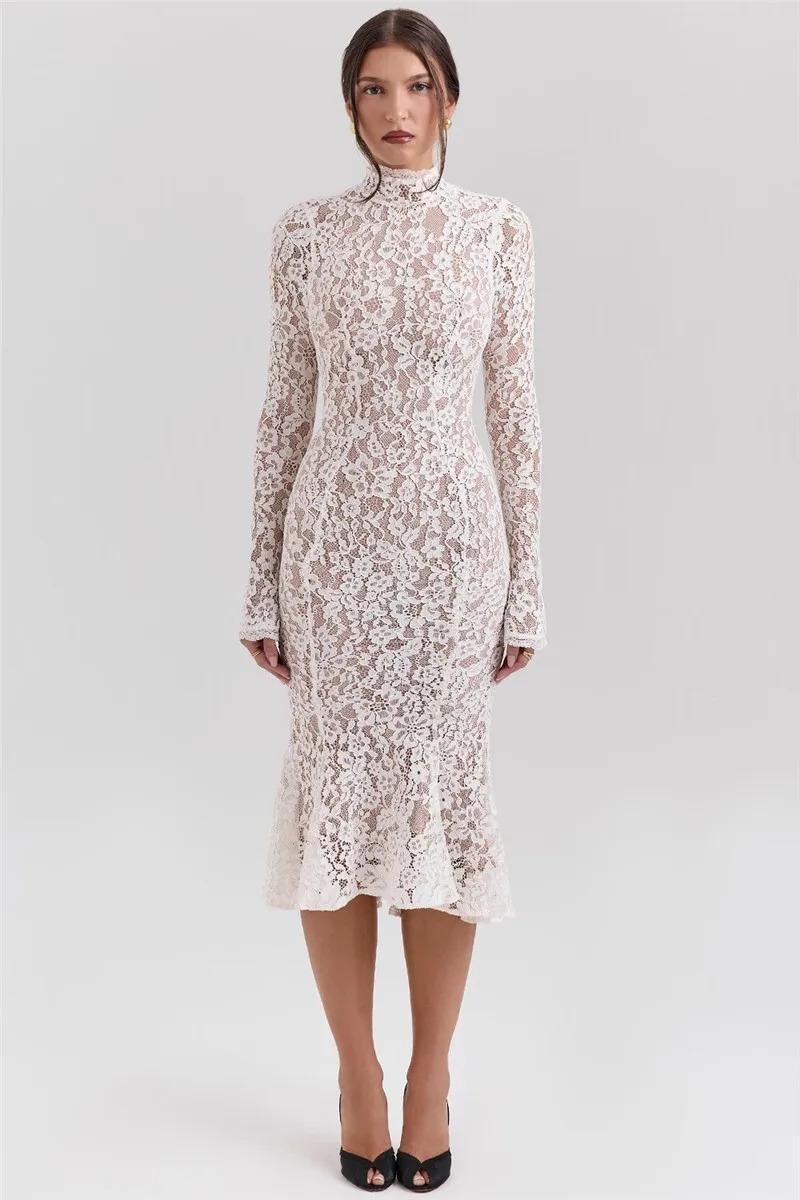 Lace Long Sleeve Sexy Midi Dress For Women Elegant White Half High Collar  High Waist Bodycon Club Party Sexy Long Dress - TikTok Shop