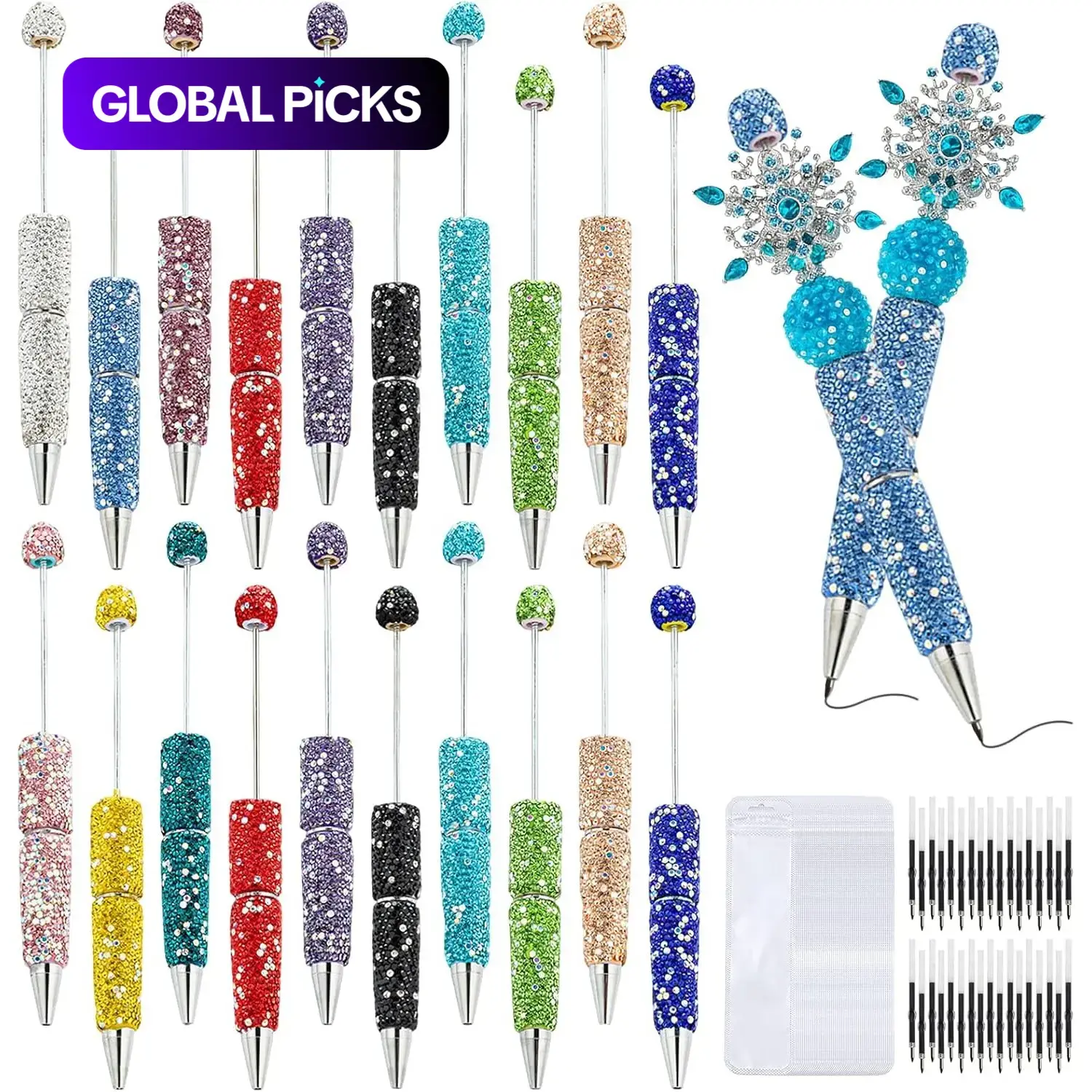 30 Pcs Rhinestone Beadable Pens Bulk Set, 10 Diamond Pens, 10 Refills & 10 Bags, Beaded Pen Kit for DIY, Office, Crafts, Gift, Aesthetic Pens, Rhinestone Ballpoint Pen, Ballpen Set #GLOBAL PICKS