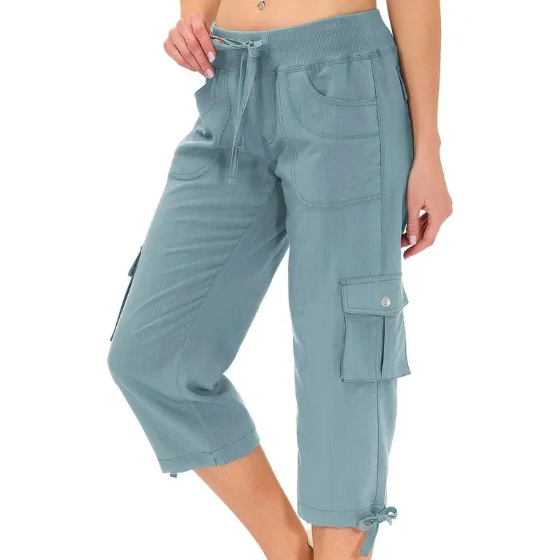 Women's Capri-Length Loose-Fit Lightweight Cargo Hiking Pants with Pockets, Multi-Size Options
