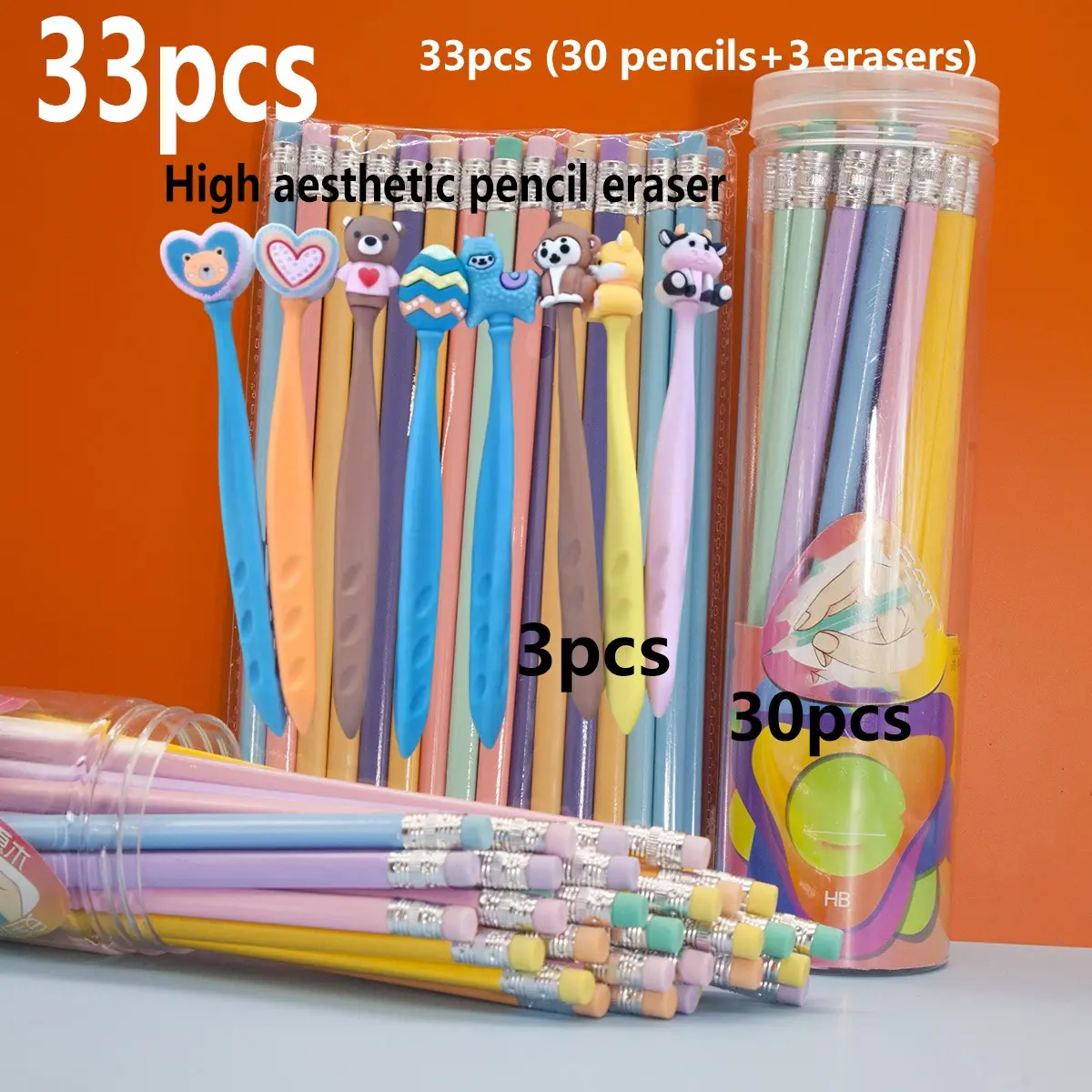 33pcs (30 pencils+3 pencil erasers) candy colored pencil writing pencil small leather head HB pencil macaron wood pencil jelly pencil, pencil eraser color and replacement head are random