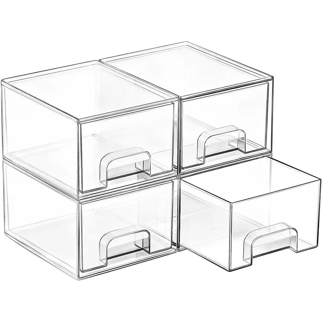 4 Pack Small Clear Stackable Storage Drawers, Fits Narrow Spaces