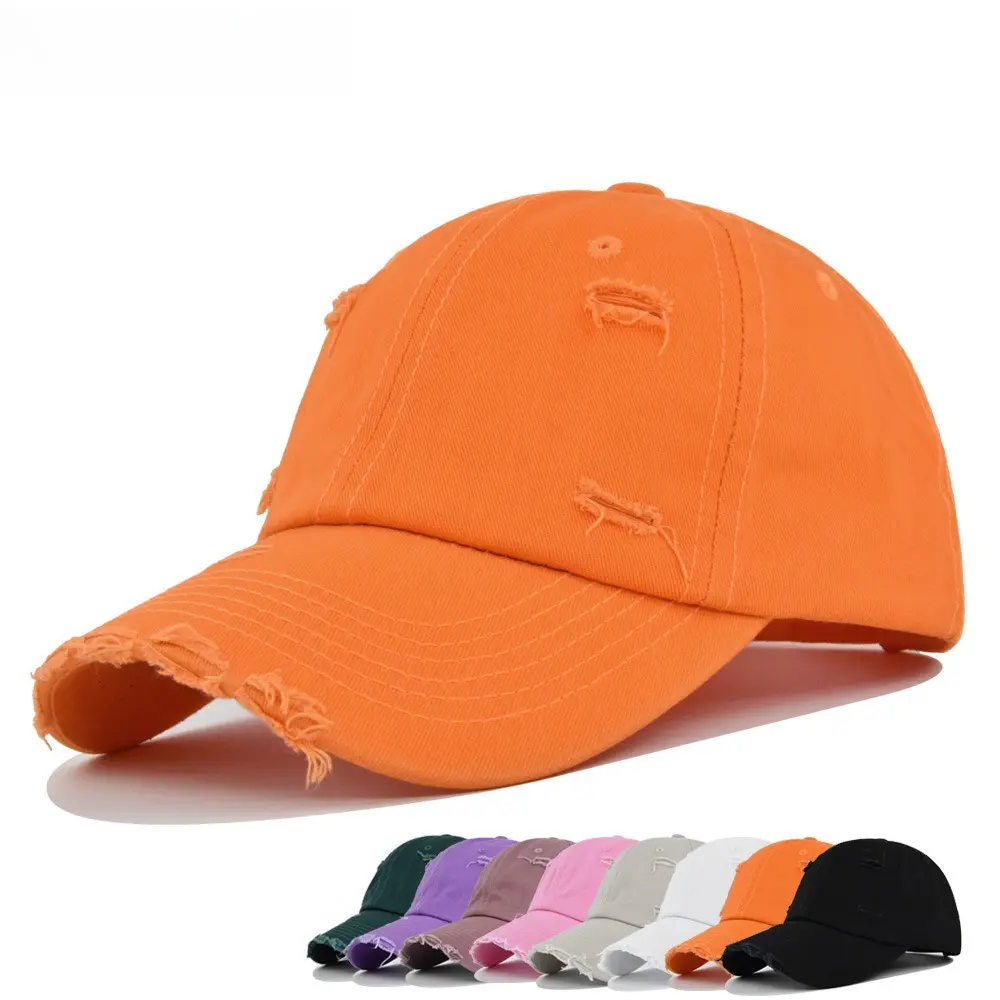 Vintage Washed Cotton Men's Hat, Distressed Solid Neon Orange Baseball Cap, Adjustable Ripped Dad Hat for Casual Outdoor Wear, Men's Hats