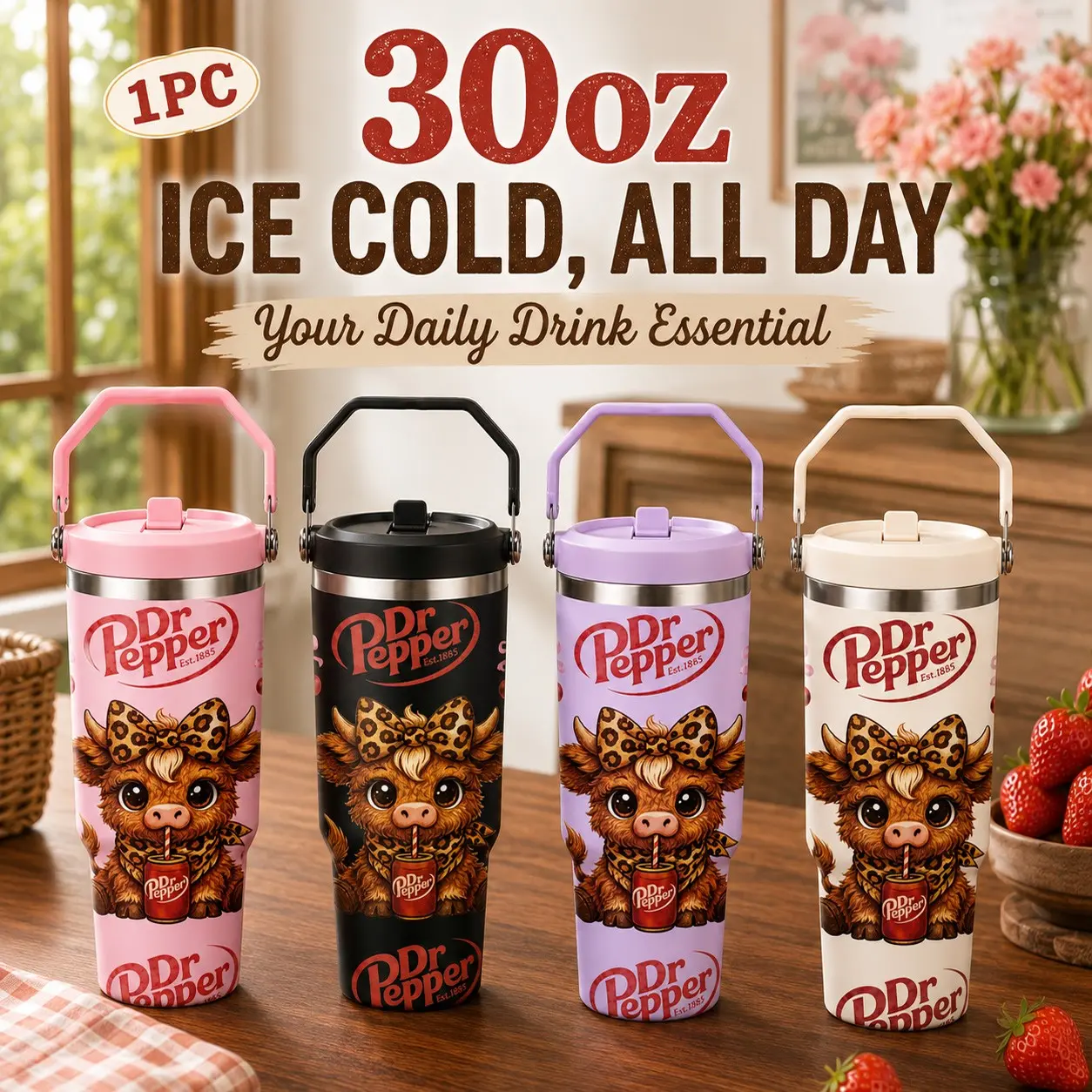 1 Pc 30oz Cute Highland Cow Tumbler with Handle, Double Wall Stainless Steel Insulated Cup, Leakproof Flip Lid, Dr Pepper Style Print, Travel Coffee Mug for Office, Road Trips, Summer, Back to School, Birthday, Halloween, Christmas Gift for Women