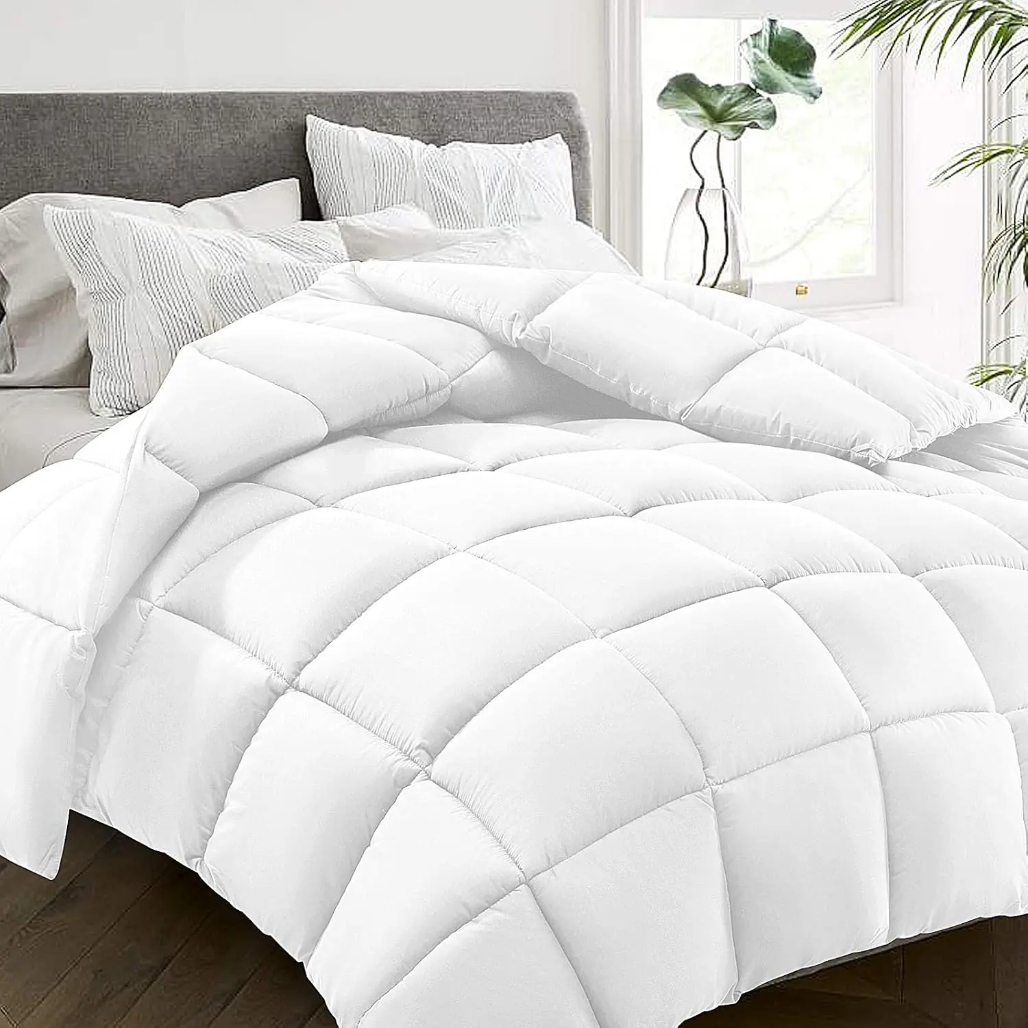 All-Season King Size Bed Comforter - Cooling Goose Down Alternative Quilted Duvet Insert with Corner Tabs - Winter Warm - Machine Washable - White
