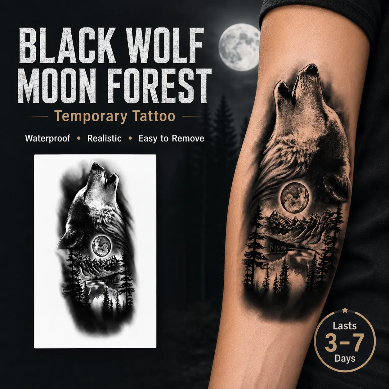 Black Wolf and Moon Forest Temporary Tattoo Sticker-Waterproof and Durable Realistic Fake Tattoo Sticker, Suitable for Arms, Thighs, Legs-Perfect Choice for Adults