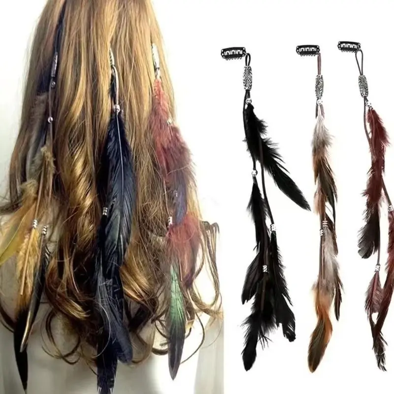 Women's 3-Pack Bohemian Ethnic Natural Feather Long Hair Barrettes - Retro Indian Tassel BB Clips, Hippie Vintage Pins, Boho Hair Accessory for Beach Vacation, Music Festival Styling