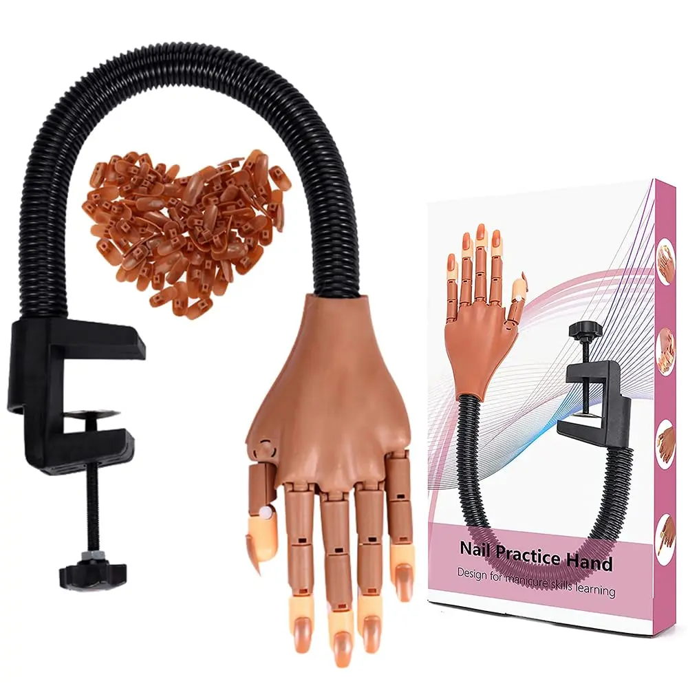 Flexible Practice Hand for Acrylic Nails, Adjustable Fake Mannequin Hand with Nail Tips, DIY Nail Training Hand Tools for Manicure and Pedicure Display