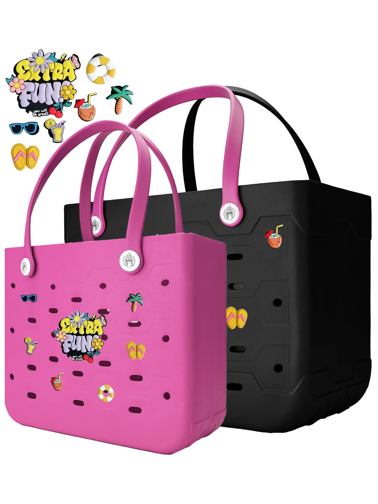 Women's 2-Set EVA Tote Bags - Waterproof, Lightweight Shoulder Bags with Decorative Accessories - L and M Size Family Set for Vacation
