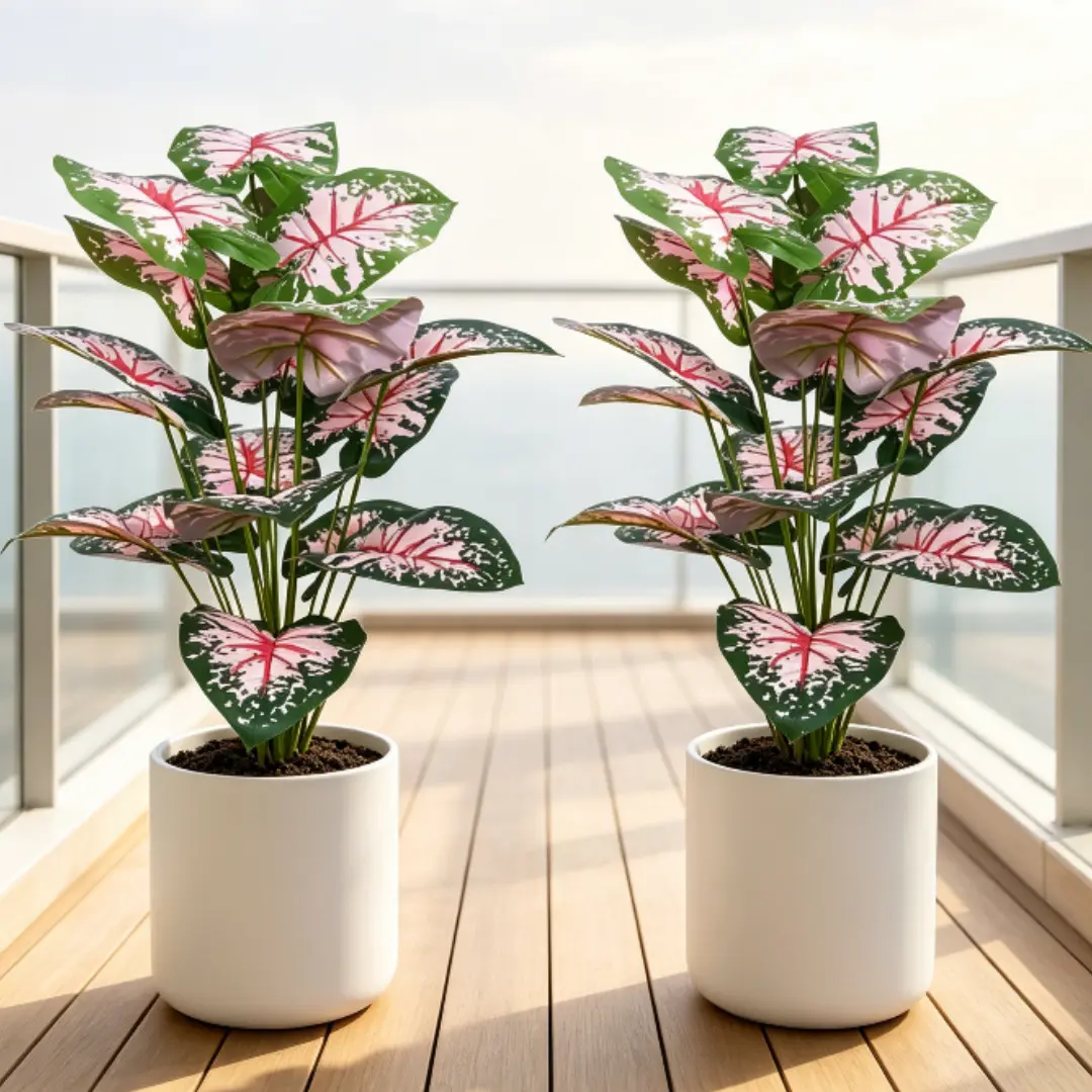 2-Pack 28in Pink Caladium Large High-Quality Artificial Indoor Greenery Set, Variegated Caladium Colorful Tropical Plants for Home Office Decor, Low Maintenance, All Seasons, Decorative Houseplant, Fake Indoor Plants