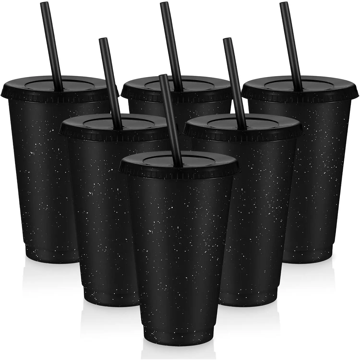 6 count 16 oz  Tumbler with  and Straws Plastic Iced Coffee Tumbler Glitter Travel Mug Cup for Smoothie Juices Birthday Party Cold Drink Coffee Cup Bulk for Adult  Women (Black)