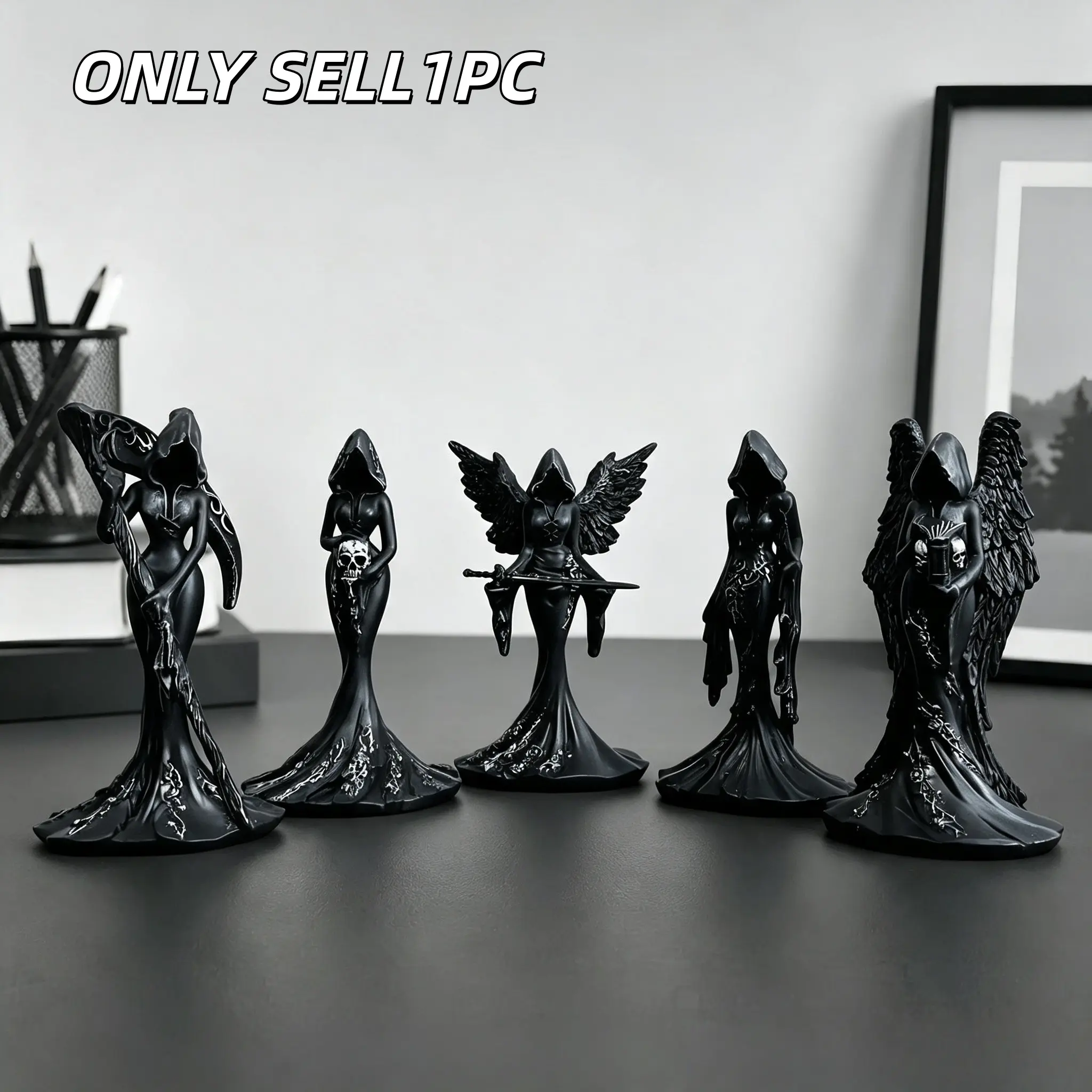 1PC Gothic Faceless Witch Statue, Dark Resin Grim Reaper Angel Figurine with Scythe, Skull and Wings, Spooky Desktop Decor Gift for Halloween, Resin Ornament, Decorative Ornaments