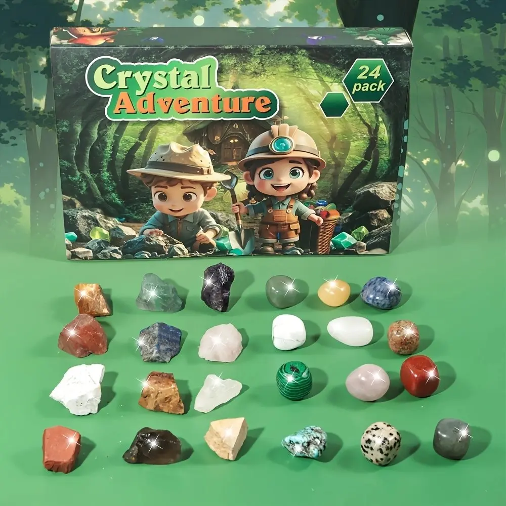 24pcs Natural Stone Crystal Stones + Rock Gift Box Set, Forest Style Advent Calendar Blind Box, Shimmering Nature Decor, 24-Day Countdown Calendar