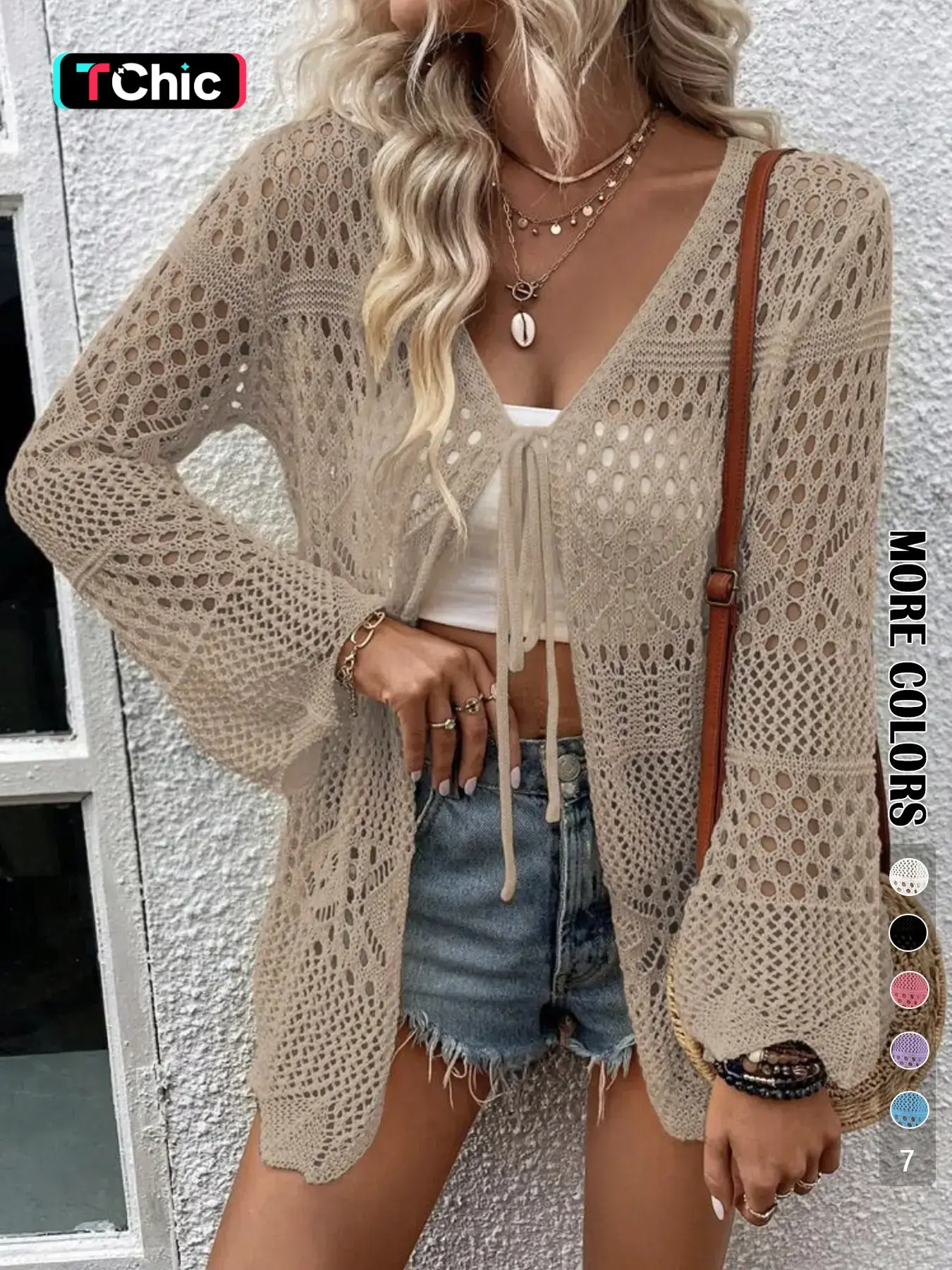 Women's Solid Color Hollow Out Tie Front Crochet Knitting Cardigan, Casual Basic Long Sleeve Knitwear for Summer, Fashion Women's Knit Clothing for Daily Wear, Casual Elegant Knitwear, Crochet Knit Cardigans