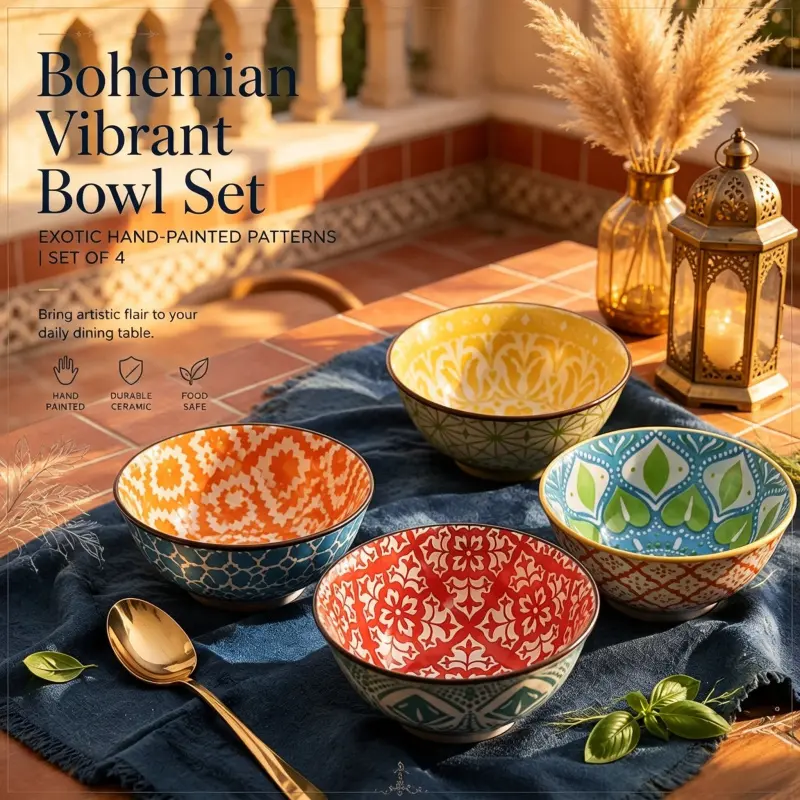 vintage boho hand painted ceramic bowls set assorted bright floral geometric pattern soup rice salad bowl durable kitchen tableware set