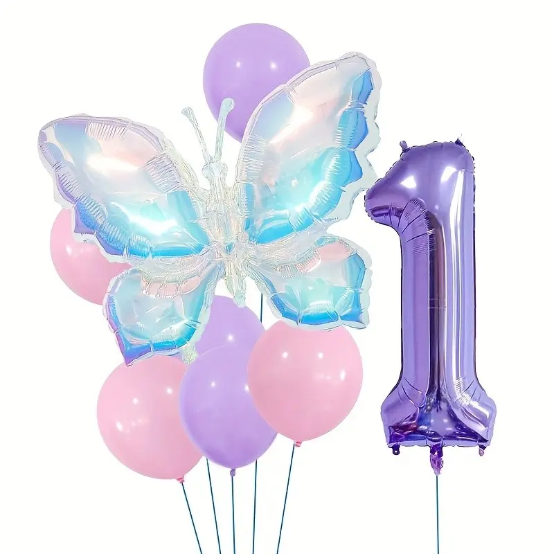 8 pieces of jungle colored butterfly balloon set, colorful butterfly aluminum foil balloons, 32 inch purple digital balloons 1-5, birthday party decoration balloons
