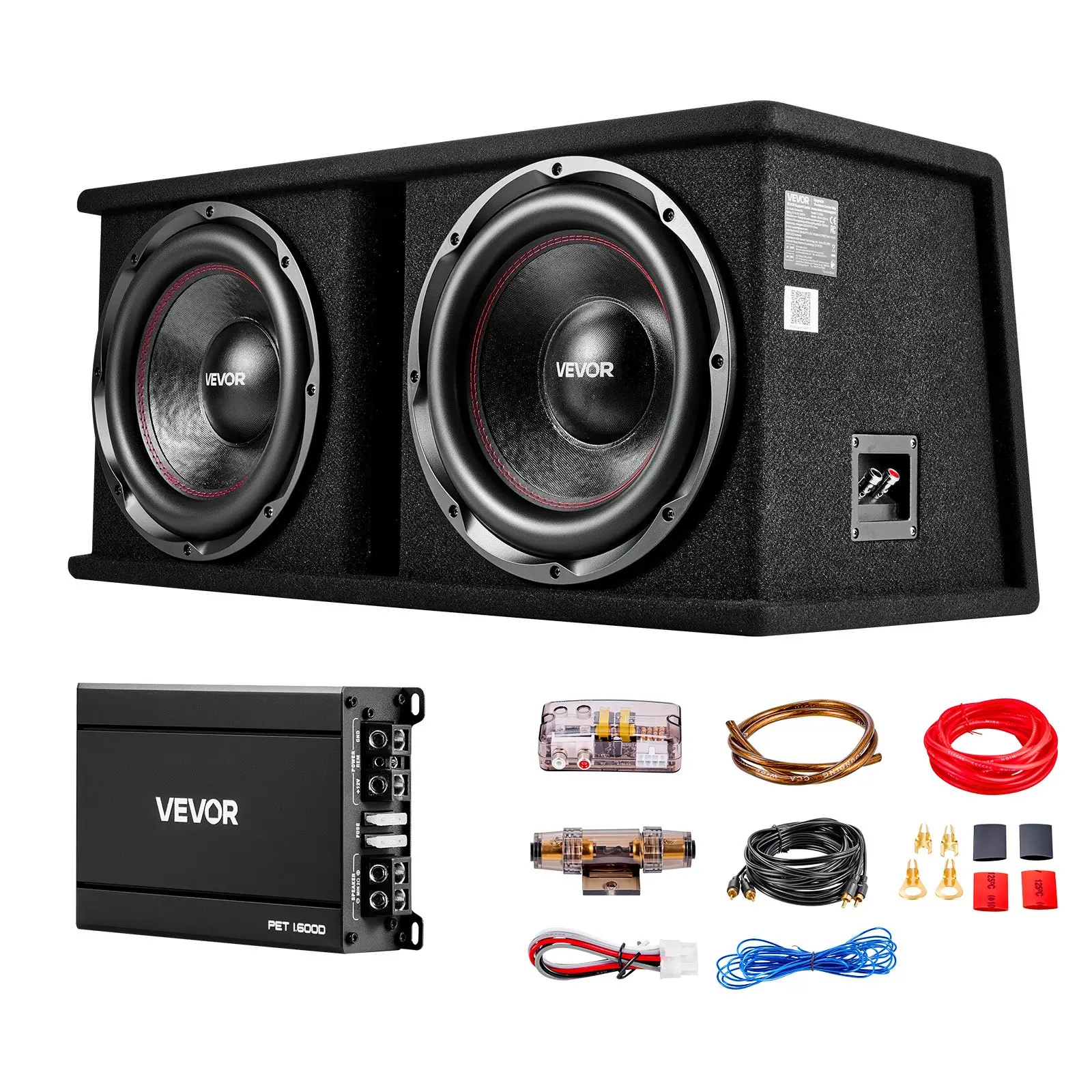 VEVOR T-1202A Dual 12-in Car Audio Subwoofer Bass Full Kit, 1200W RMS, Loaded Enclosure, Separate Amplifier with Adjustable Gain, Wiring Kit, for Trunk Install & Factory Headunits