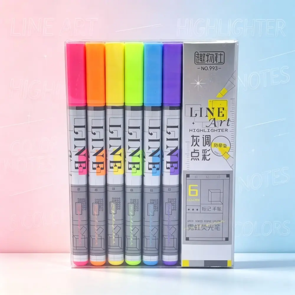 6pcs Neon Fluorescent Markers, Wide Blade Design, Adjustable Line Width, Smooth Flow, Silver Color Body, Transparent Case, Ideal for Students and Office Use